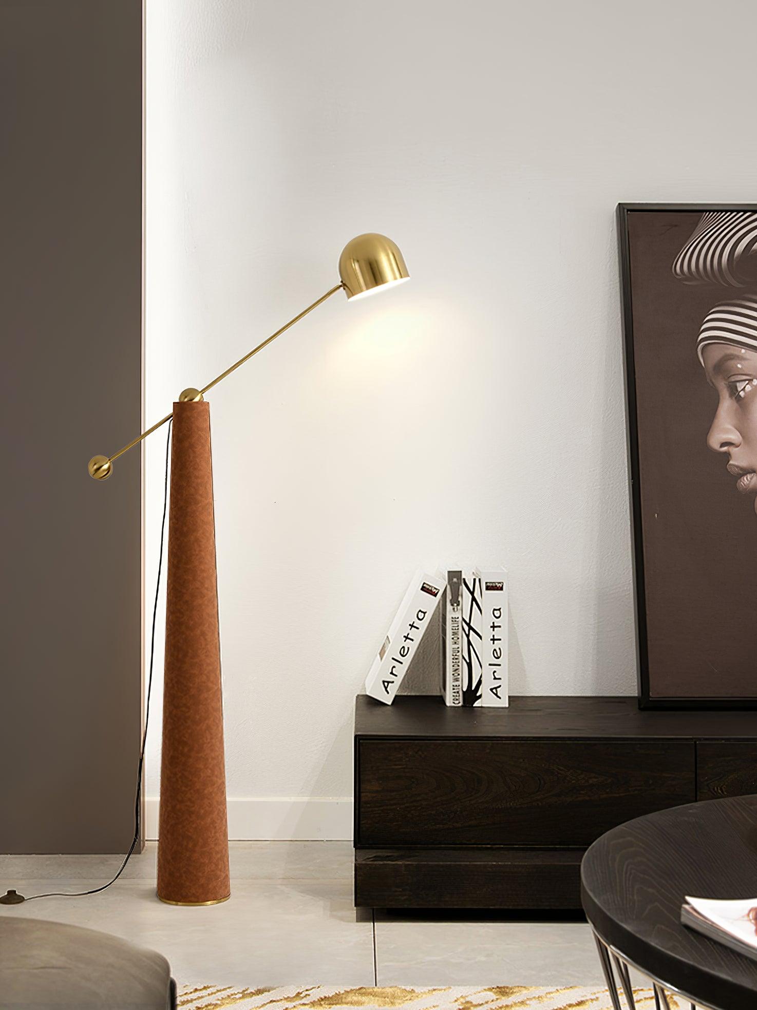 Modern Metronome Standing Floor Lamp with Handmade Leather Accents and Gold Metal Finish