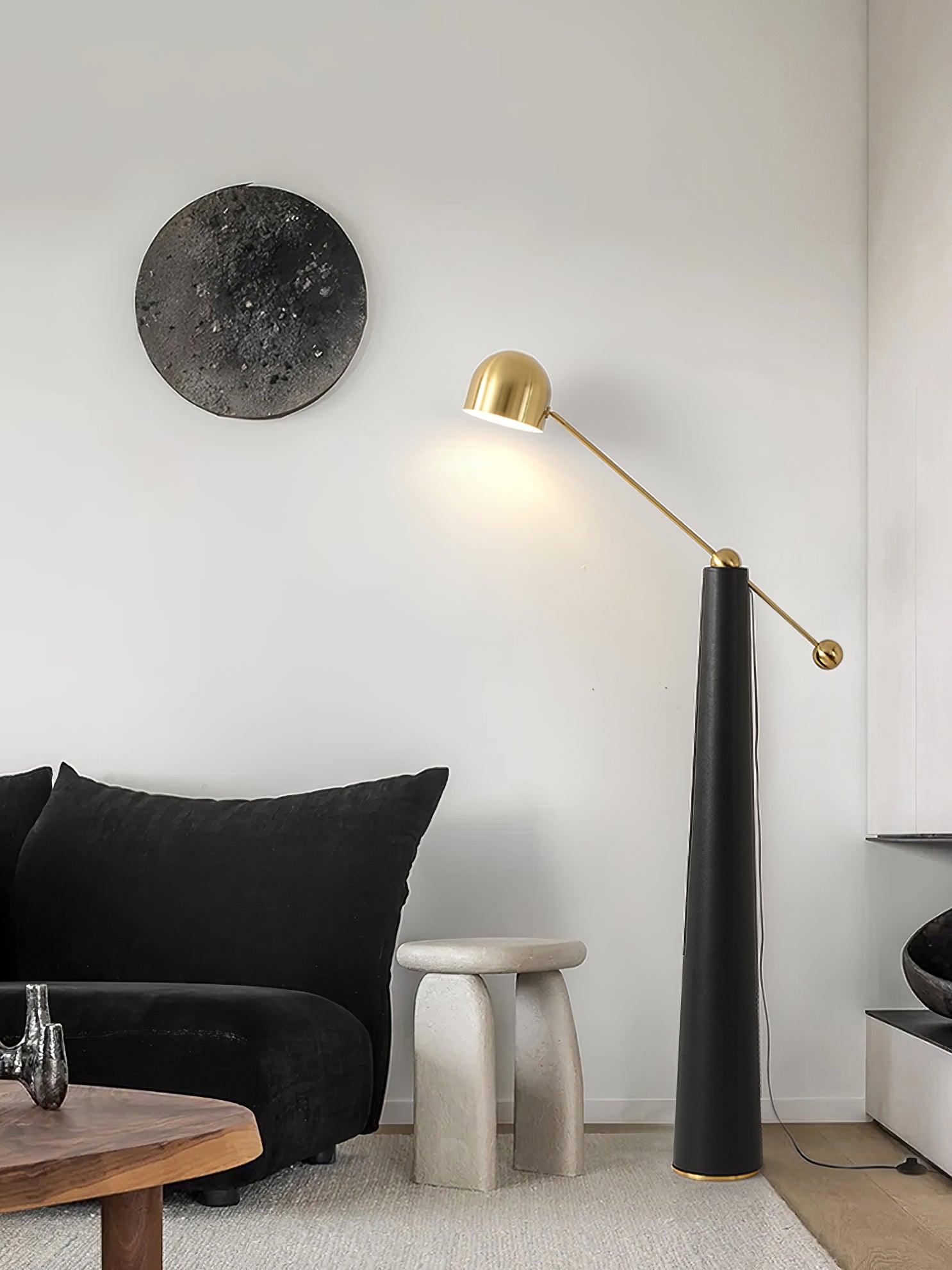 Modern Metronome Standing Floor Lamp with Handmade Leather Accents and Gold Metal Finish