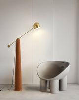 Modern Metronome Standing Floor Lamp with Handmade Leather Accents and Gold Metal Finish