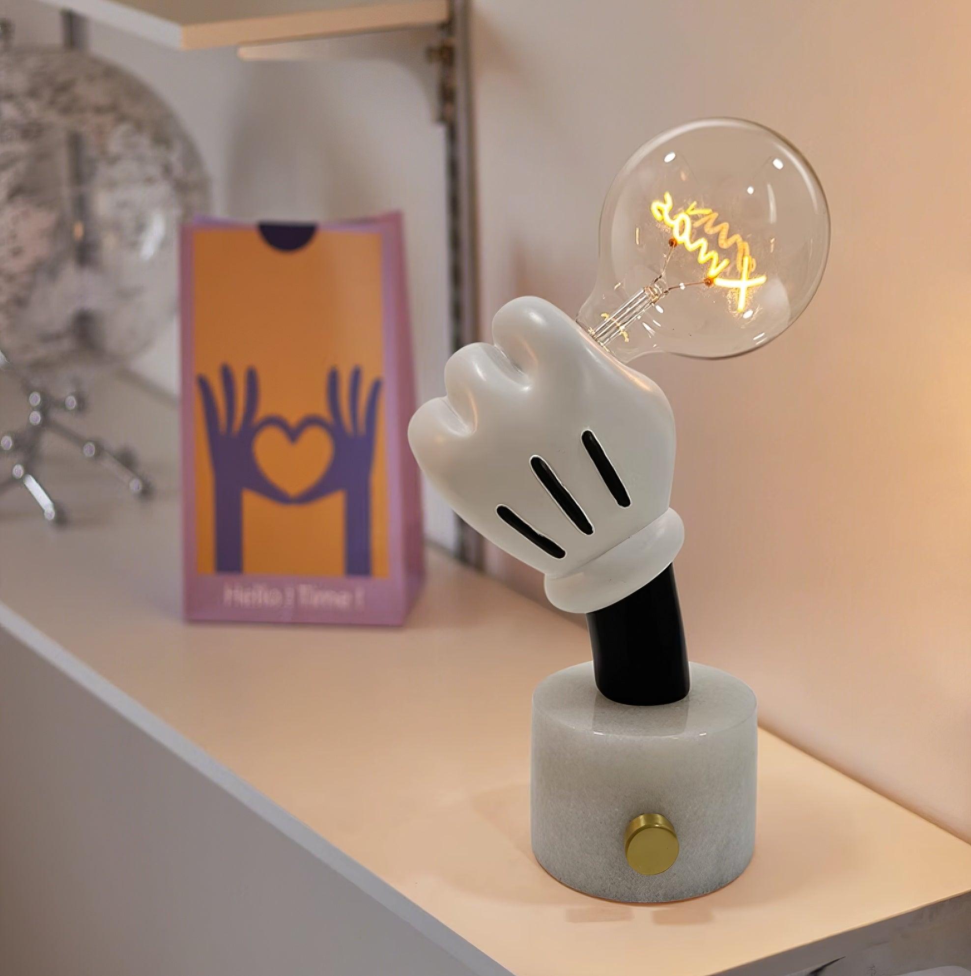 Modern Sculptural Hand Table Lamp with Marble Base and Glass Shade for Bedside