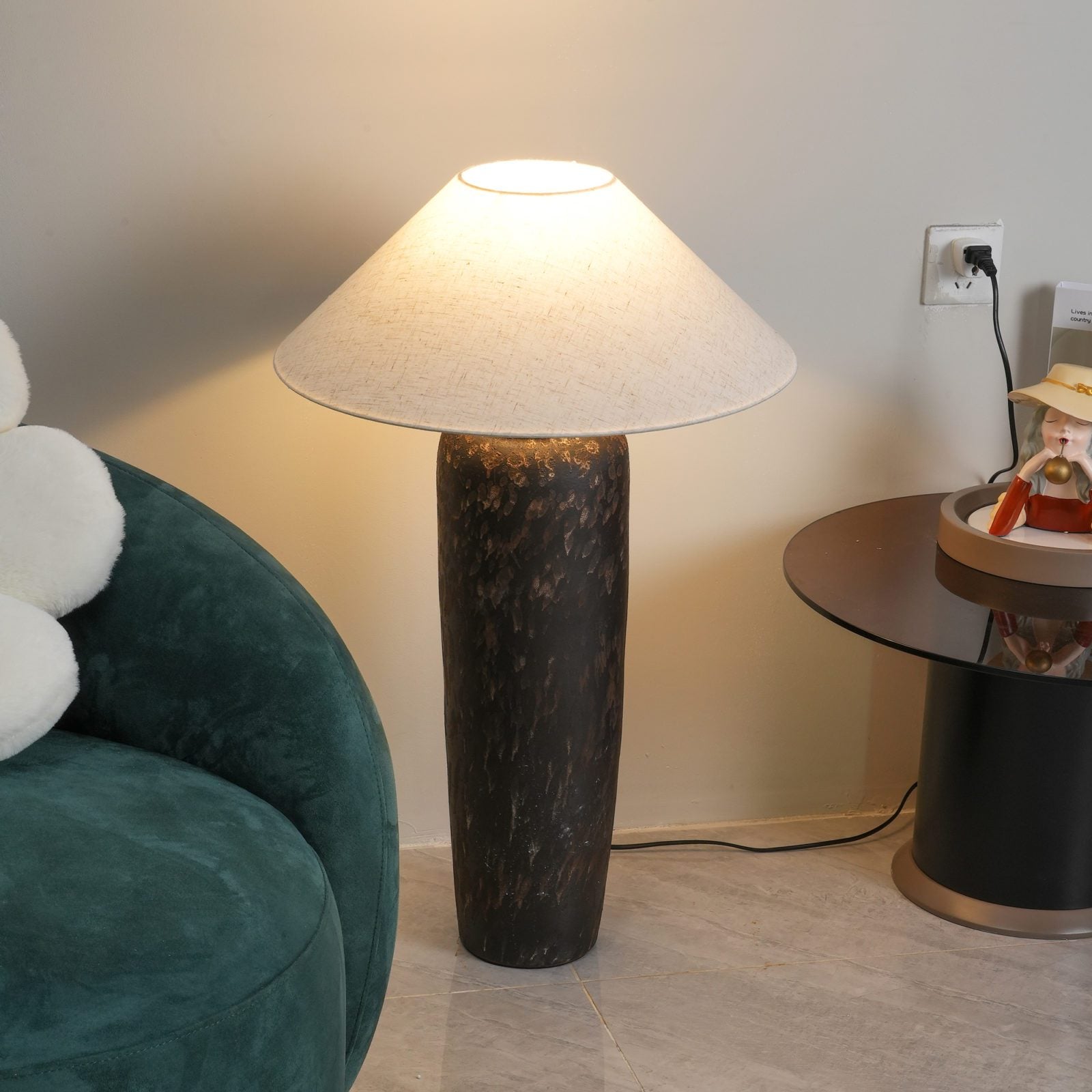 handcrafted-rustic-stoneware-ceramic-floor-lamp-with-white-fabric-shade-for-living-room
