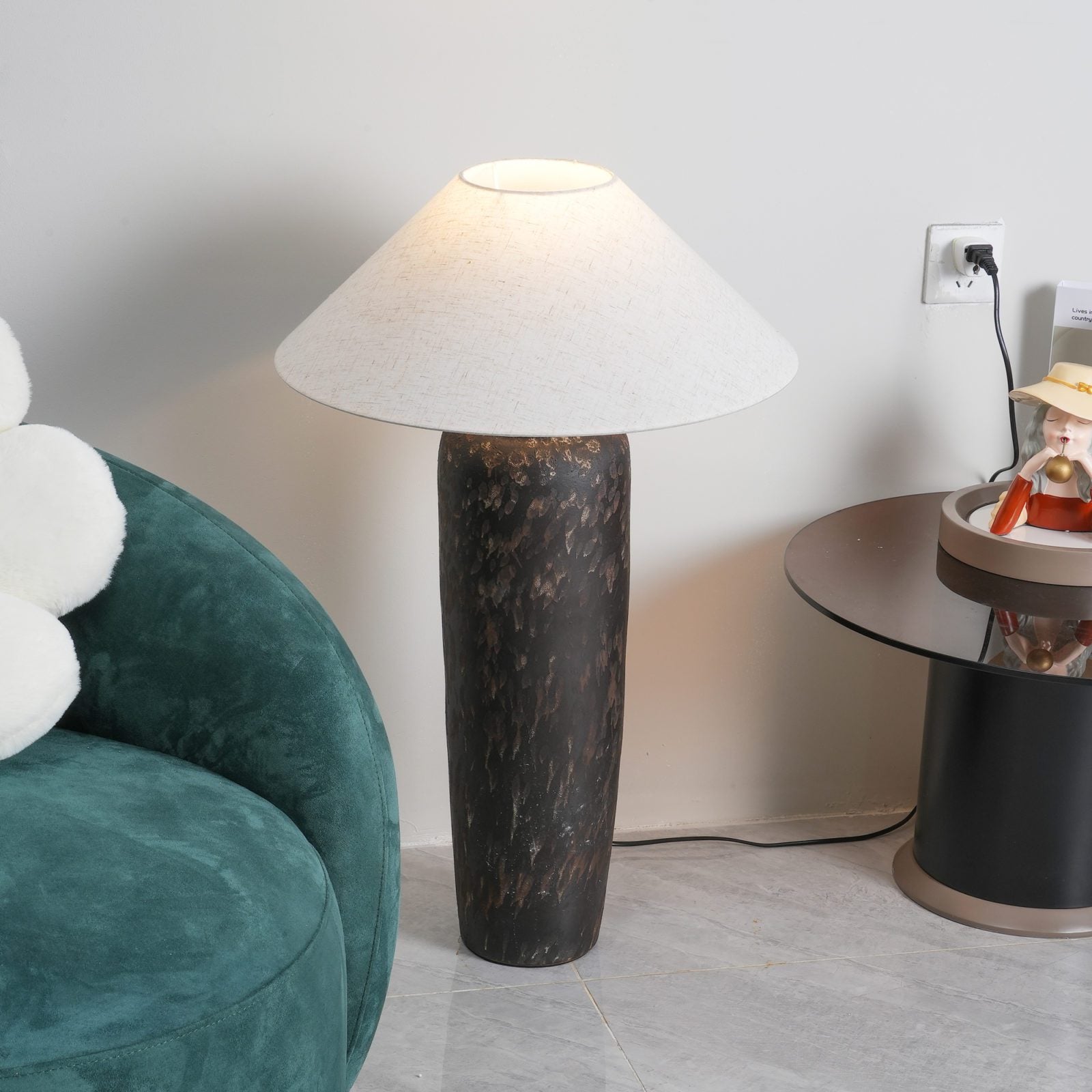handcrafted-rustic-stoneware-ceramic-floor-lamp-with-white-fabric-shade-for-living-room