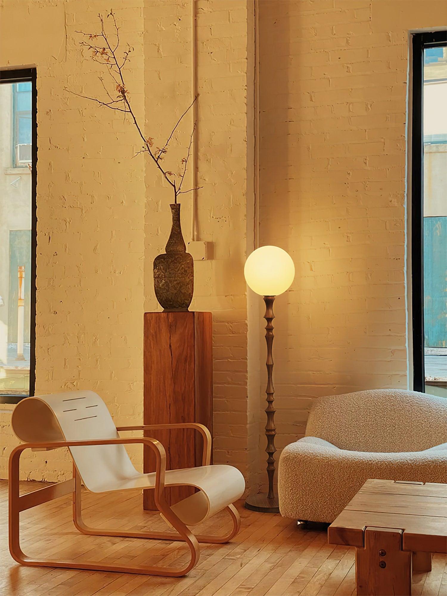 Milo Curved Solid Wood Standing Floor Lamp with Glass or Fabric Shade