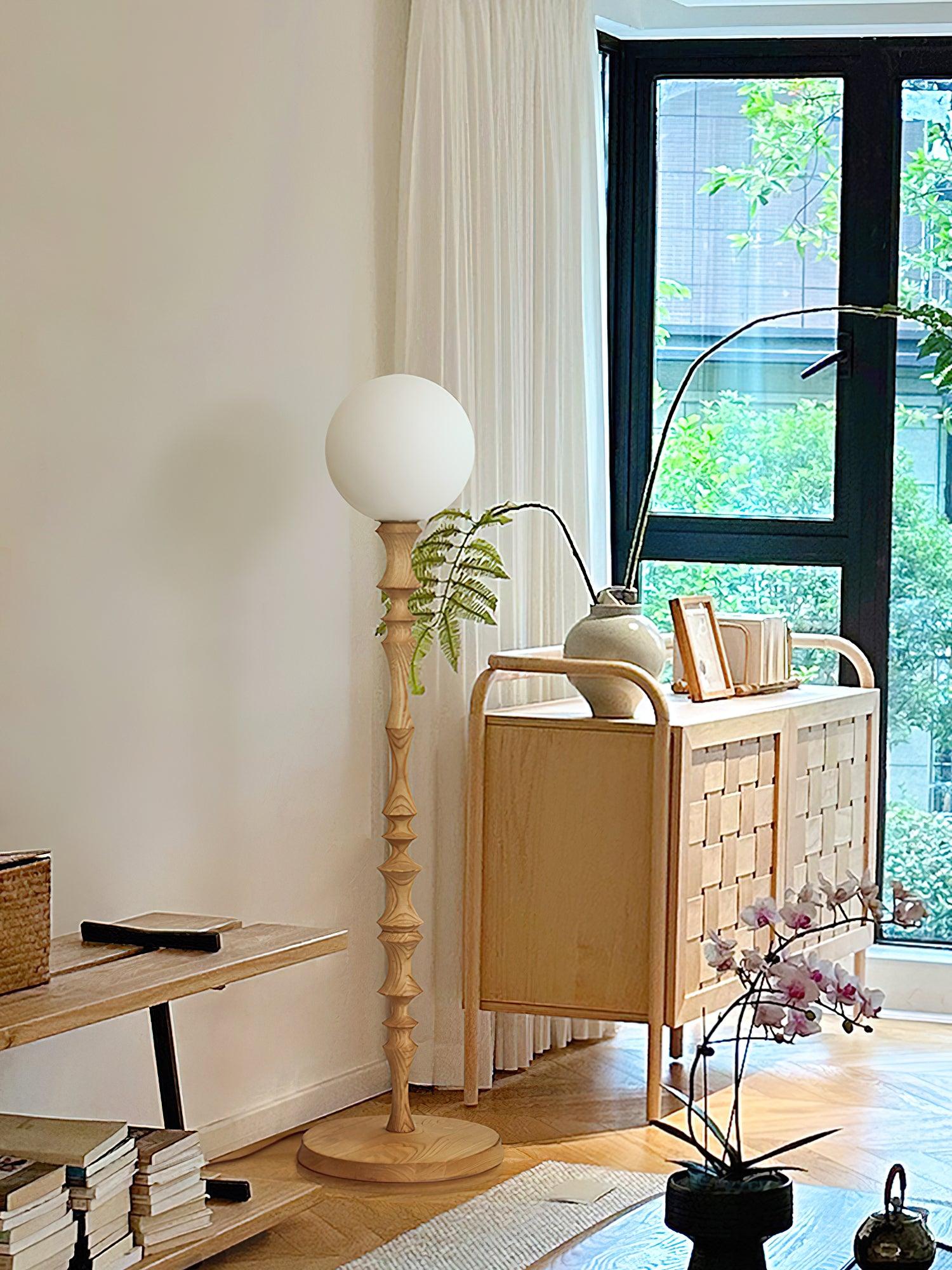 Milo Curved Solid Wood Standing Floor Lamp with Glass or Fabric Shade
