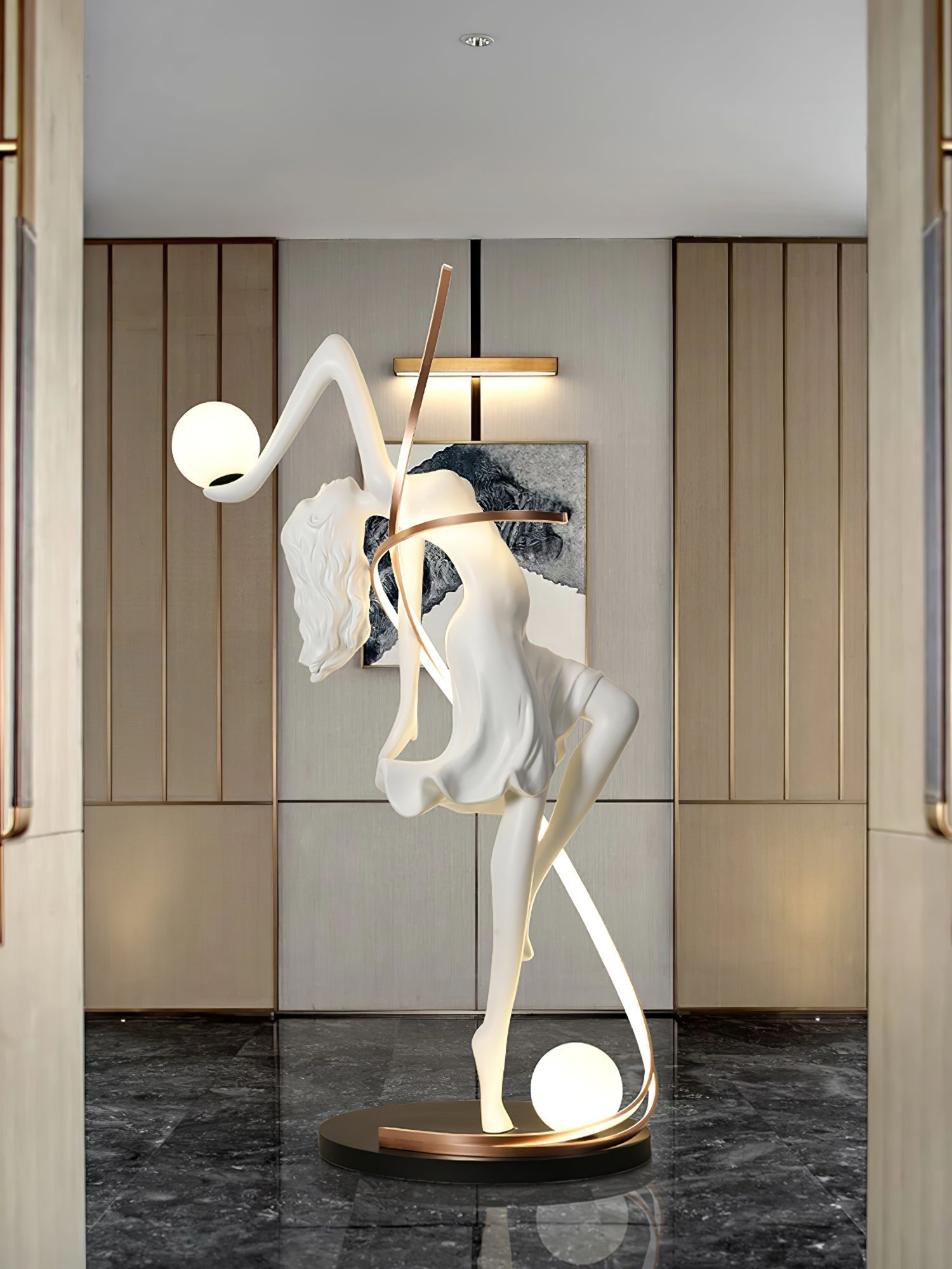 Modern Art Deco Goddess Statue Floor Lamp Elegant Female Figure Standing Light with Dual Globes