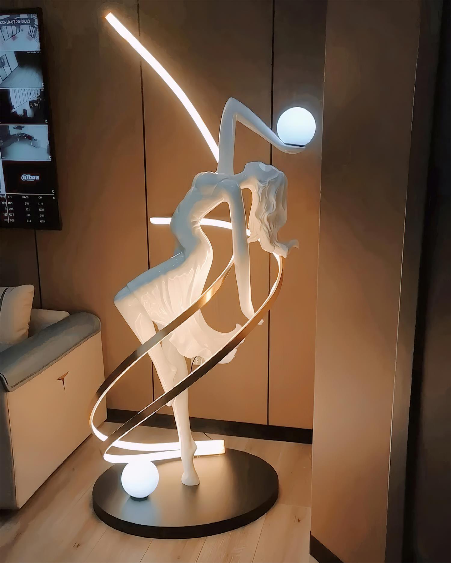 Modern Art Deco Goddess Statue Floor Lamp Elegant Female Figure Standing Light with Dual Globes