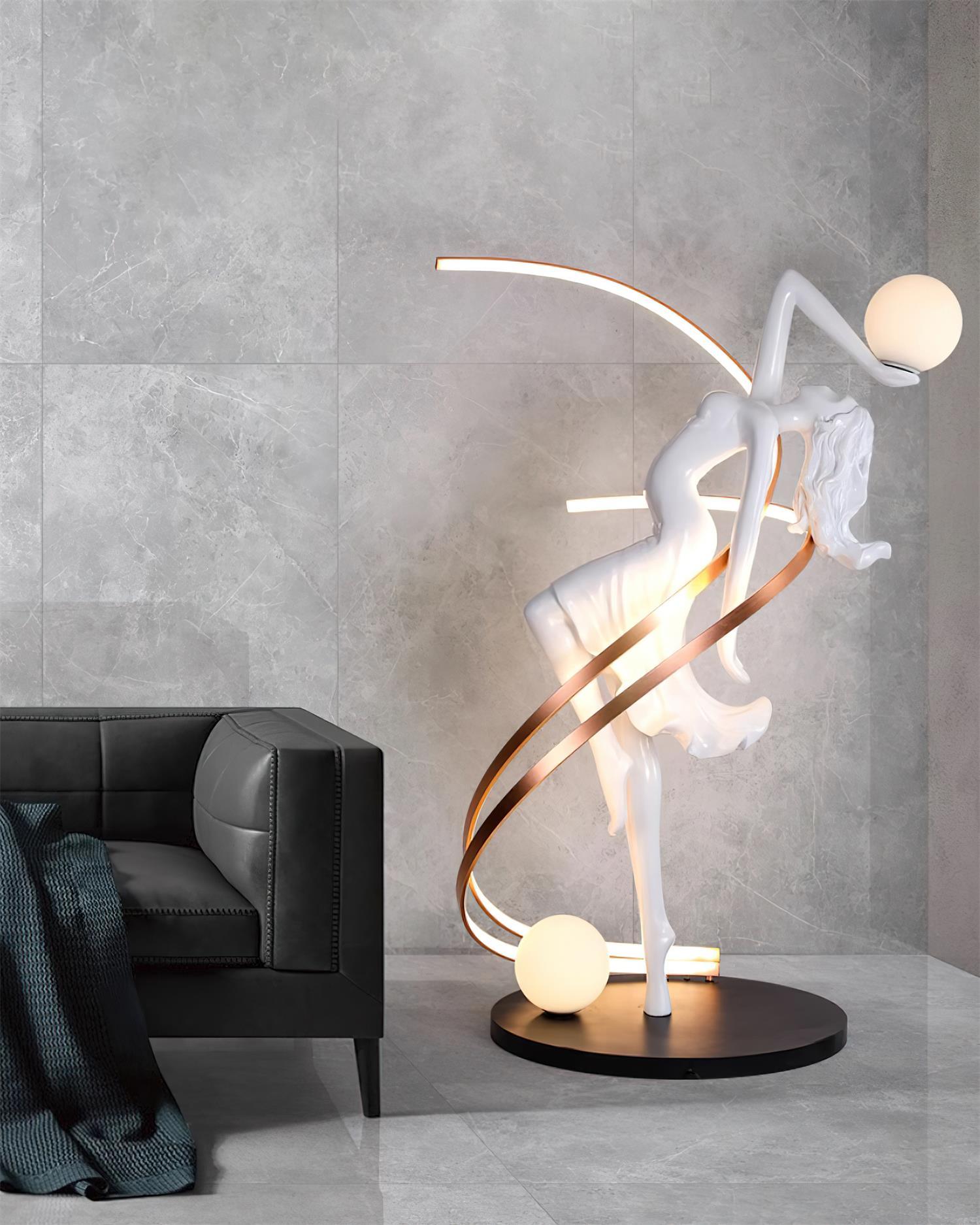 Modern Art Deco Goddess Statue Floor Lamp Elegant Female Figure Standing Light with Dual Globes