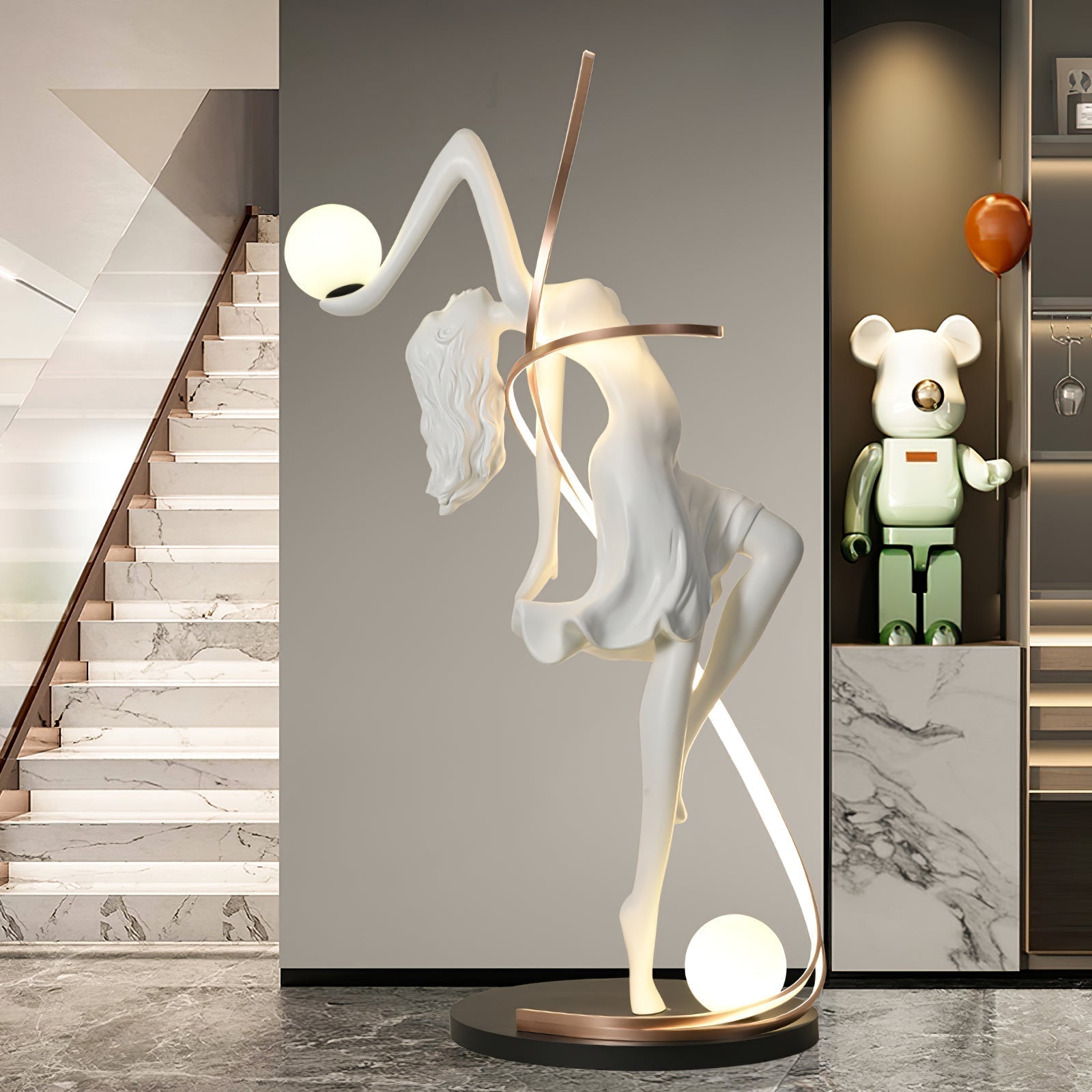 Modern Art Deco Goddess Statue Floor Lamp Elegant Female Figure Standing Light with Dual Globes