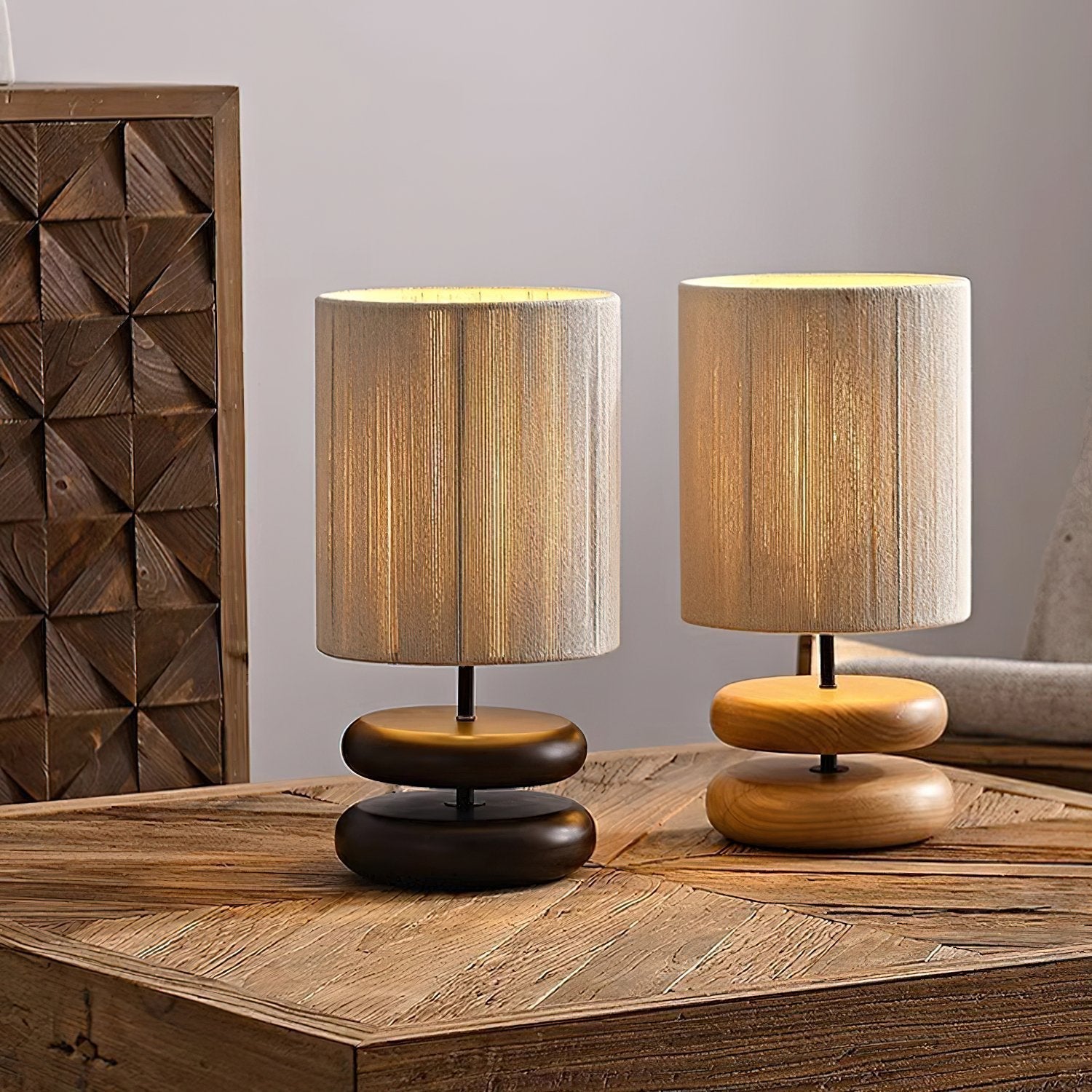 polished-walnut-stacked-oval-base-table-lamp-with-classic-beige-fabric-lampshade