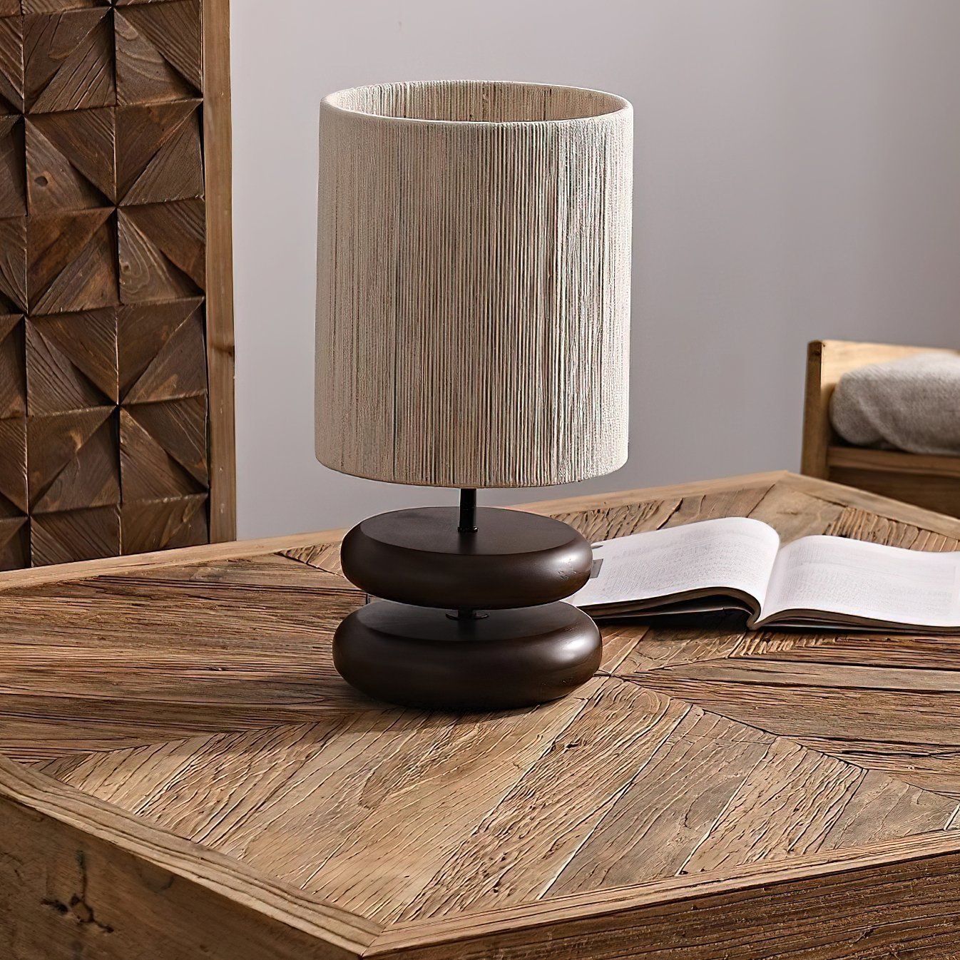 polished-walnut-stacked-oval-base-table-lamp-with-classic-beige-fabric-lampshade