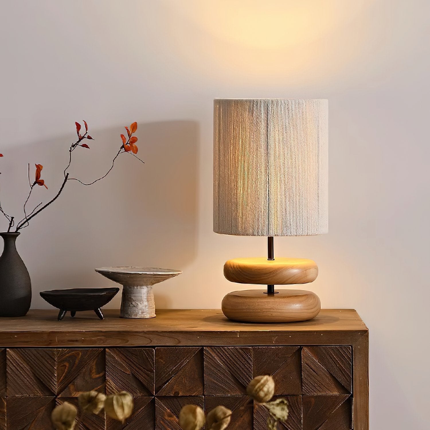 polished-walnut-stacked-oval-base-table-lamp-with-classic-beige-fabric-lampshade