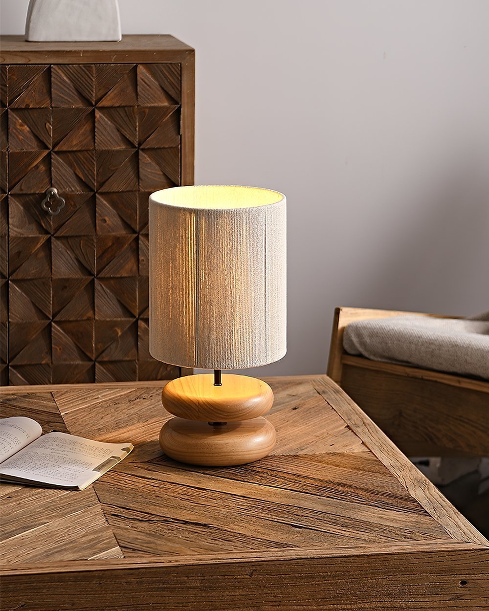 polished-walnut-stacked-oval-base-table-lamp-with-classic-beige-fabric-lampshade