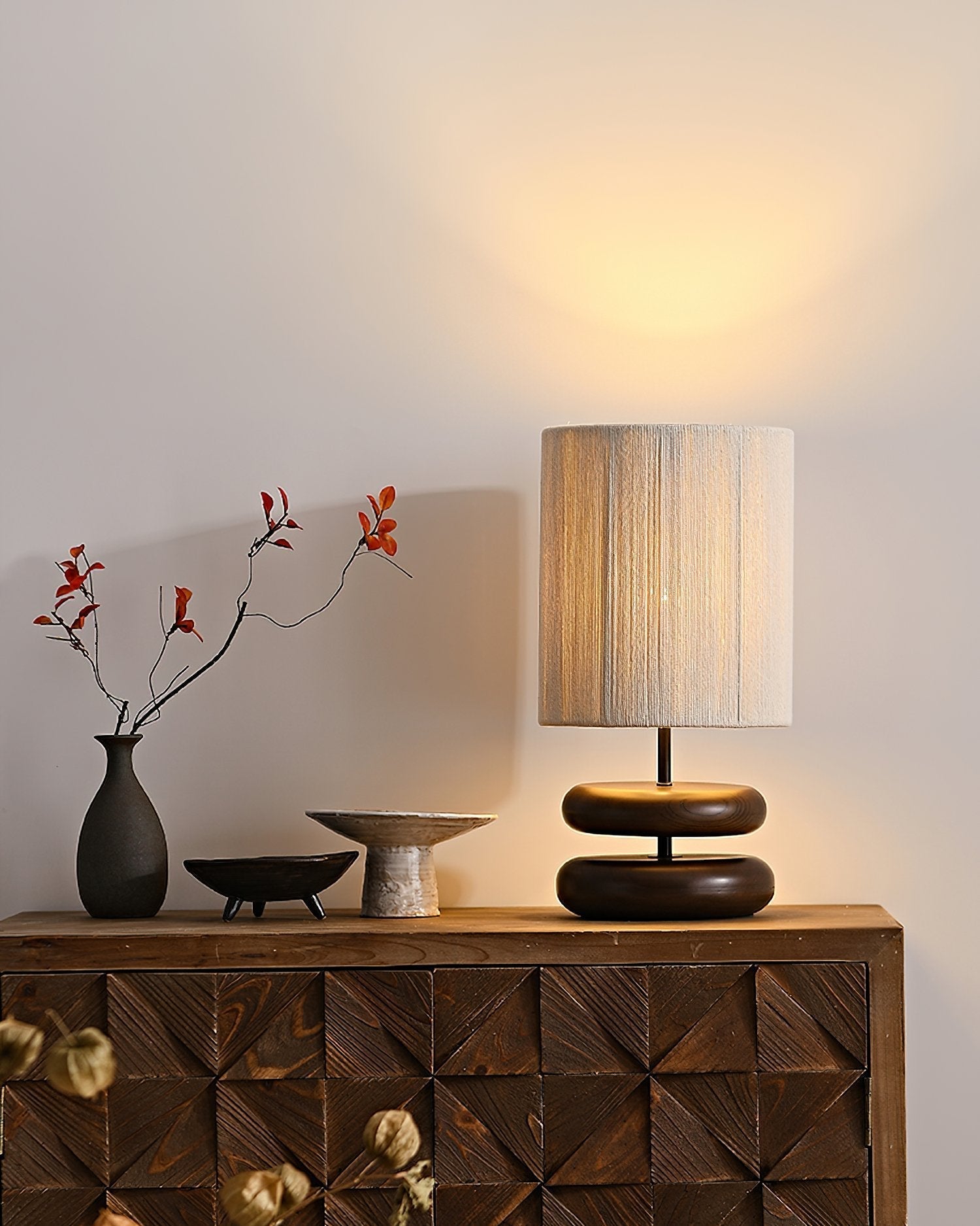 polished-walnut-stacked-oval-base-table-lamp-with-classic-beige-fabric-lampshade