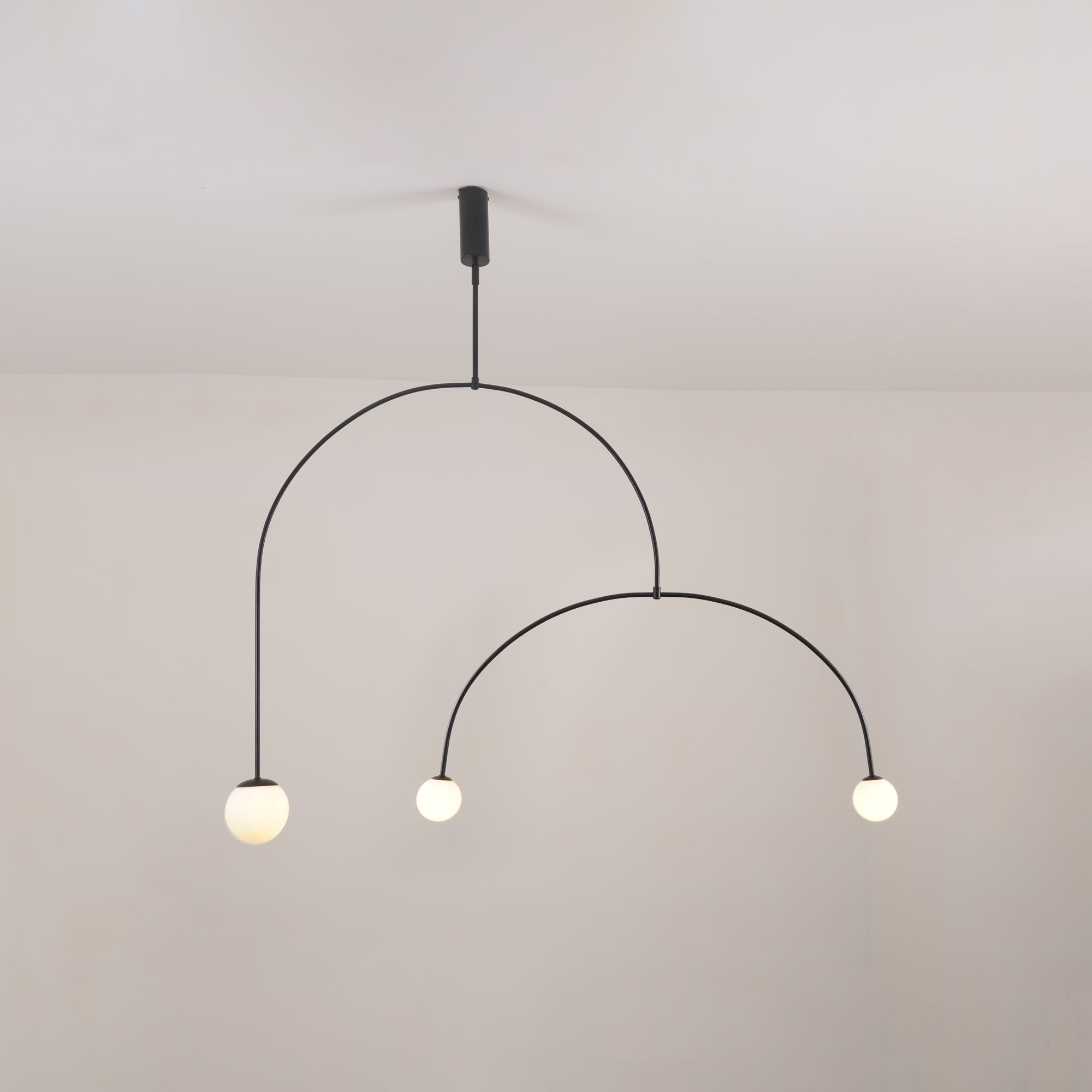 Modern Minimalist Linear Mobile Chandelier with Opal Glass Globes and Black Finish