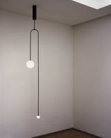 Modern Minimalist Linear Mobile Chandelier with Opal Glass Globes and Black Finish