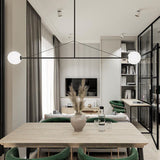 Modern Minimalist Linear Mobile Chandelier with Opal Glass Globes and Black Finish