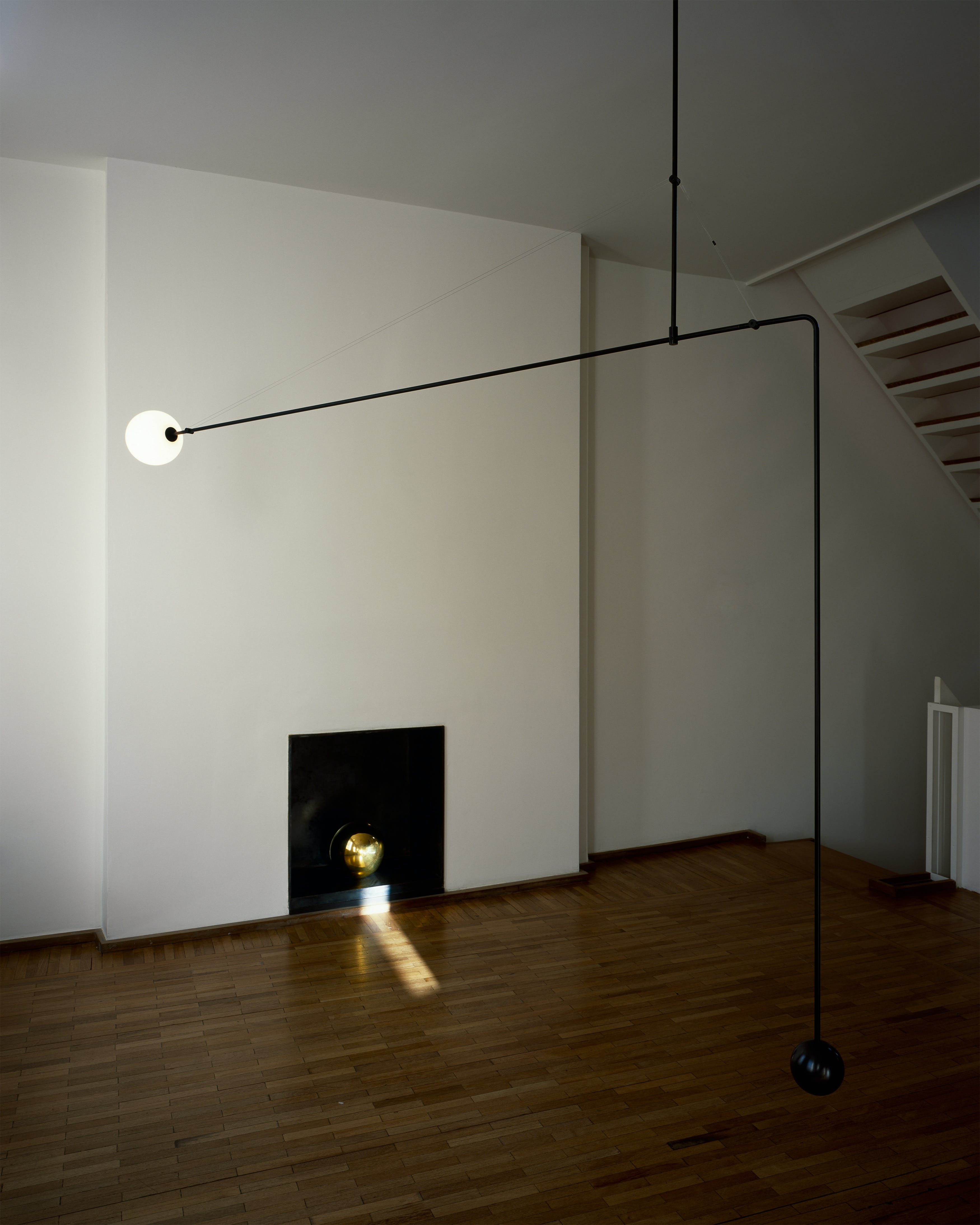 Modern Minimalist Linear Mobile Chandelier with Opal Glass Globes and Black Finish