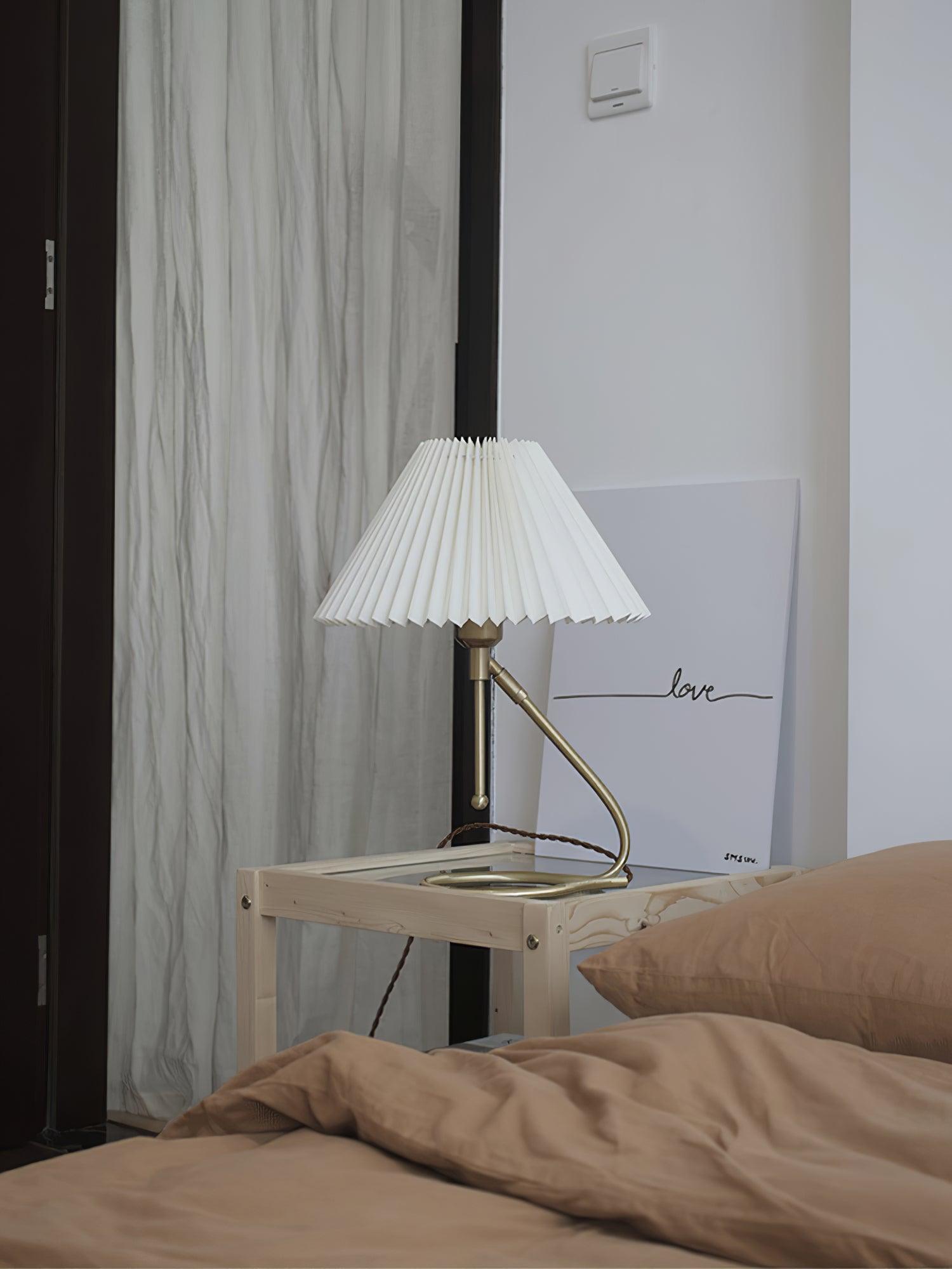 Modern Levitate Pleated Fabric Table Lamp with Curved Brass Base for Bedside