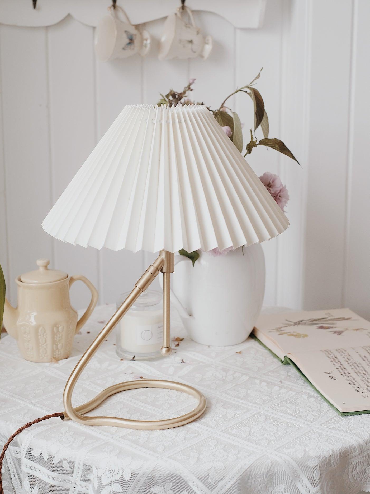 Modern Levitate Pleated Fabric Table Lamp with Curved Brass Base for Bedside
