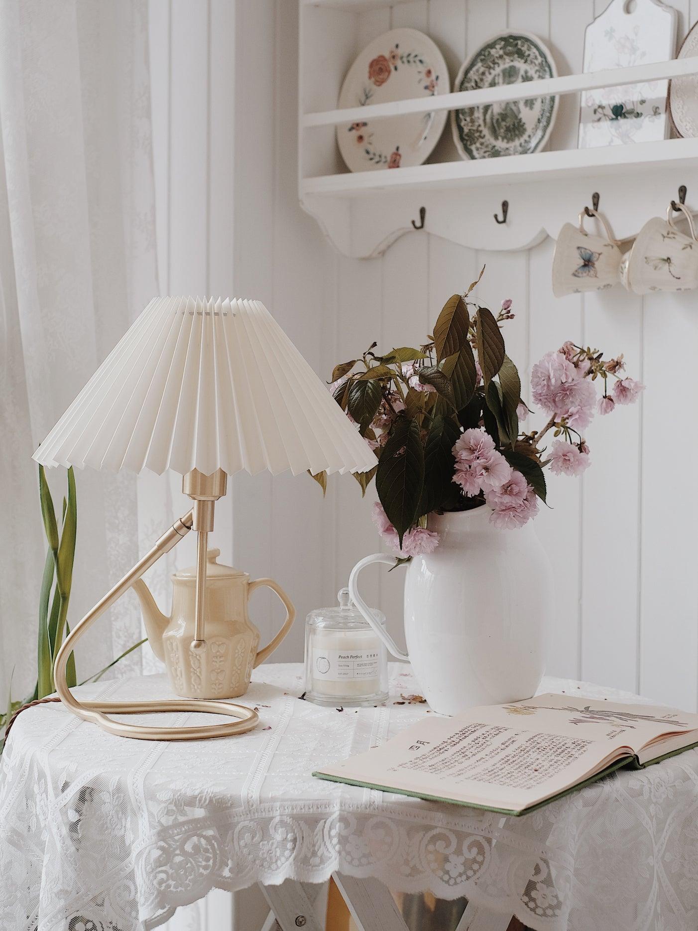 Modern Levitate Pleated Fabric Table Lamp with Curved Brass Base for Bedside