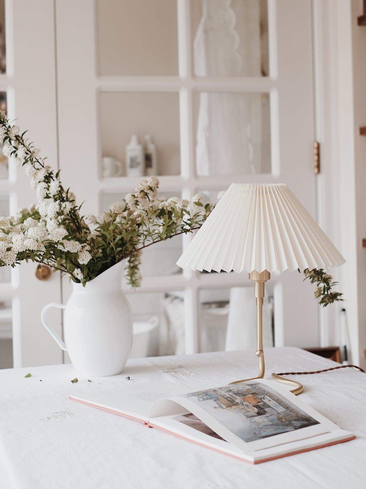 Modern Levitate Pleated Fabric Table Lamp with Curved Brass Base for Bedside