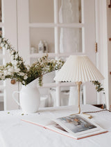 Modern Levitate Pleated Fabric Table Lamp with Curved Brass Base for Bedside