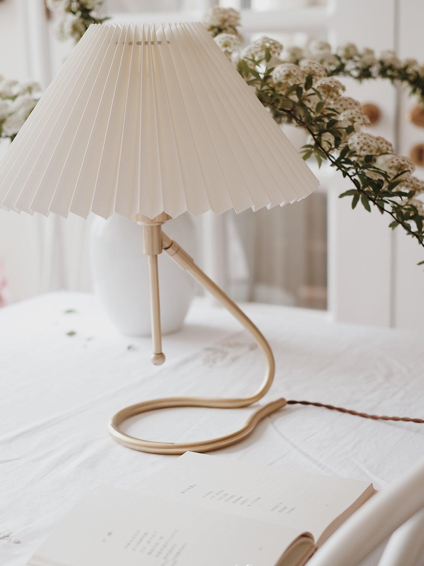 Modern Levitate Pleated Fabric Table Lamp with Curved Brass Base for Bedside