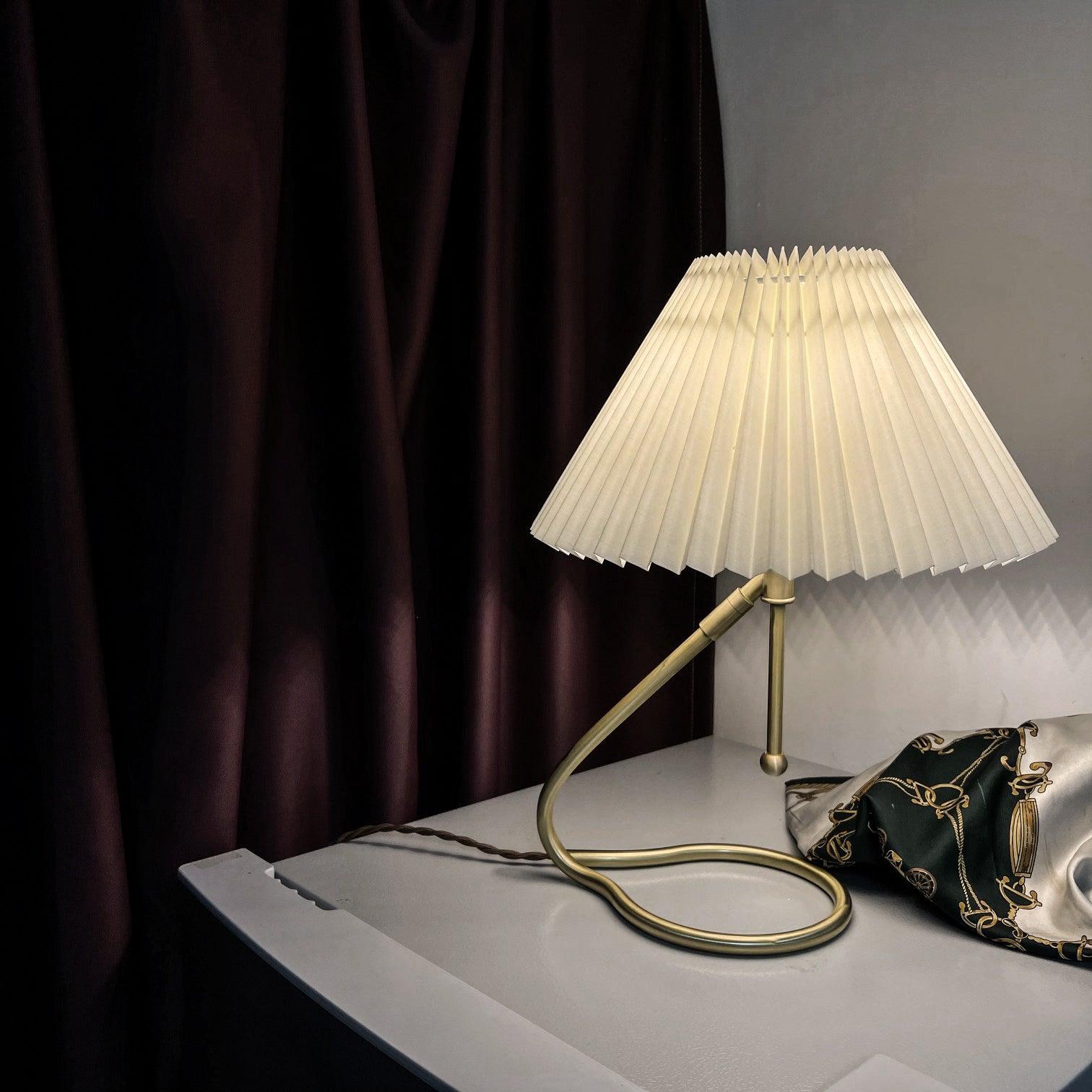 Modern Levitate Pleated Fabric Table Lamp with Curved Brass Base for Bedside