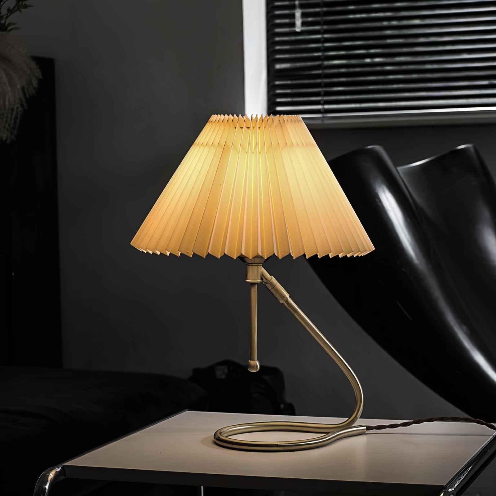 Modern Levitate Pleated Fabric Table Lamp with Curved Brass Base for Bedside