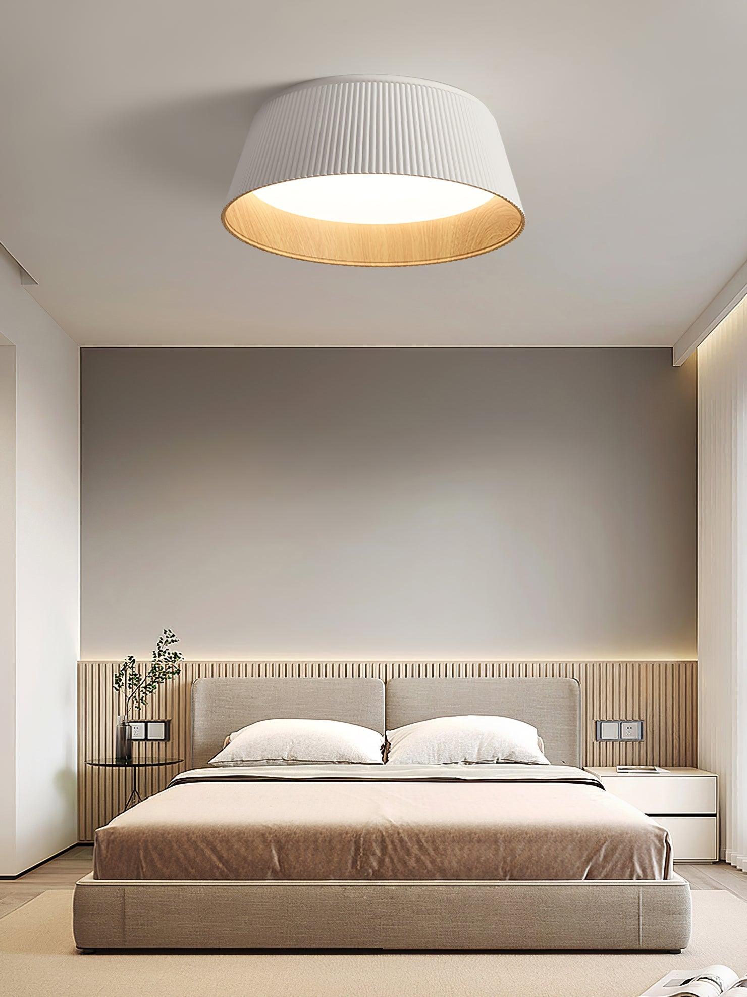 Modern Ribbed LED Flush Mount Ceiling Light with Real Wood Interior Finish