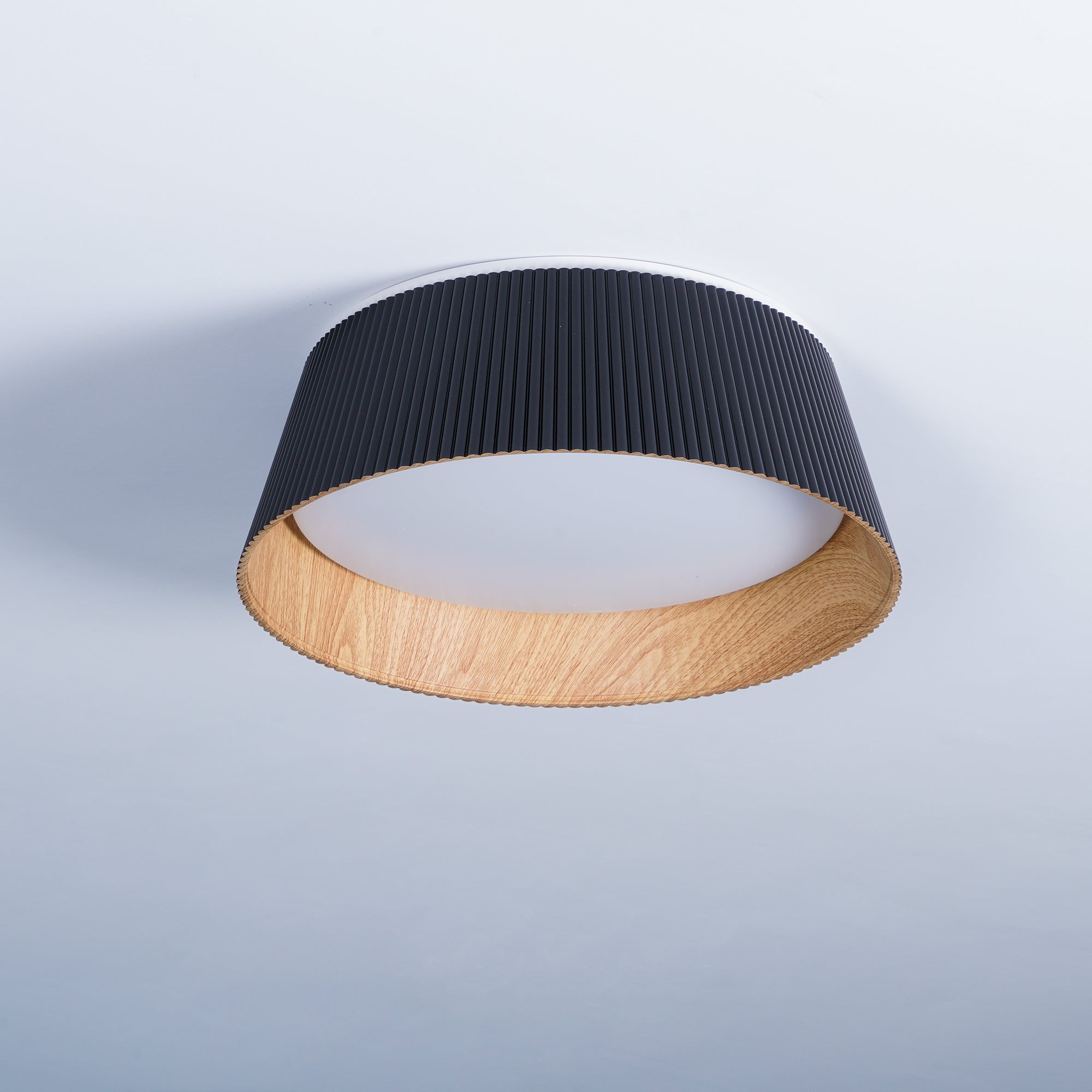 Modern Ribbed LED Flush Mount Ceiling Light with Real Wood Interior Finish