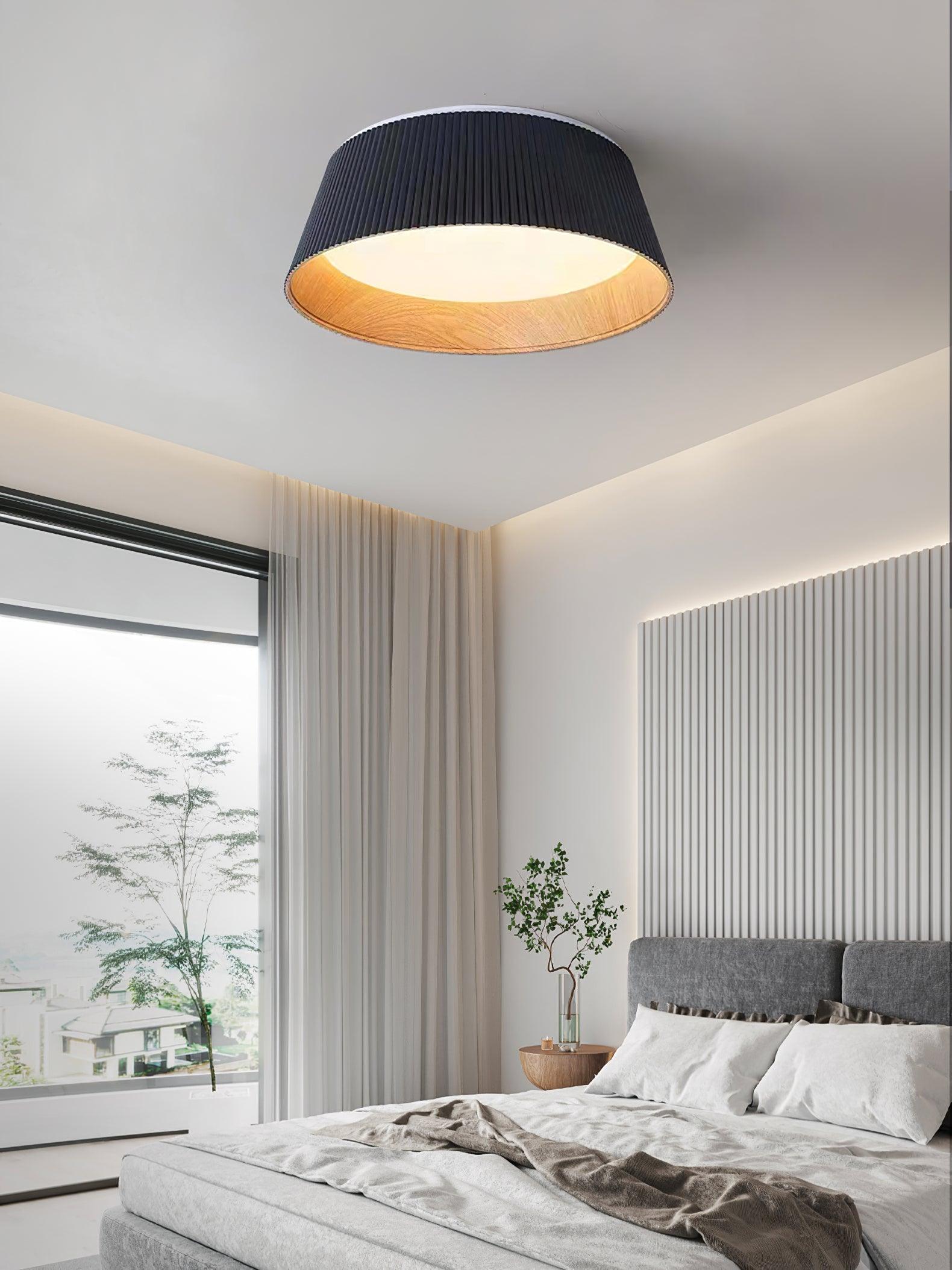 Modern Ribbed LED Flush Mount Ceiling Light with Real Wood Interior Finish