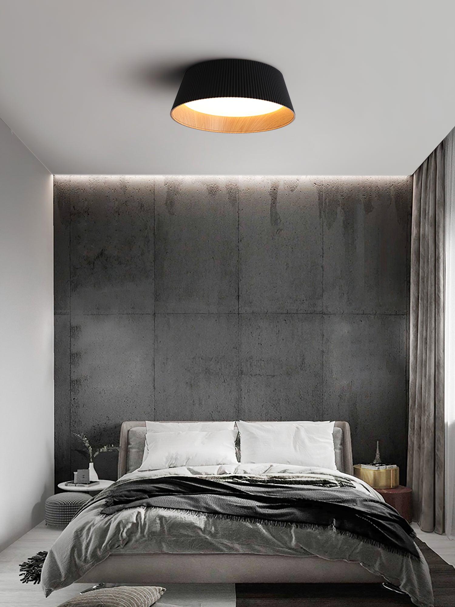 Modern Ribbed LED Flush Mount Ceiling Light with Real Wood Interior Finish
