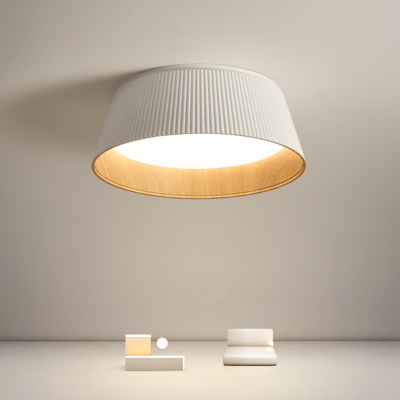 Modern Ribbed LED Flush Mount Ceiling Light with Real Wood Interior Finish