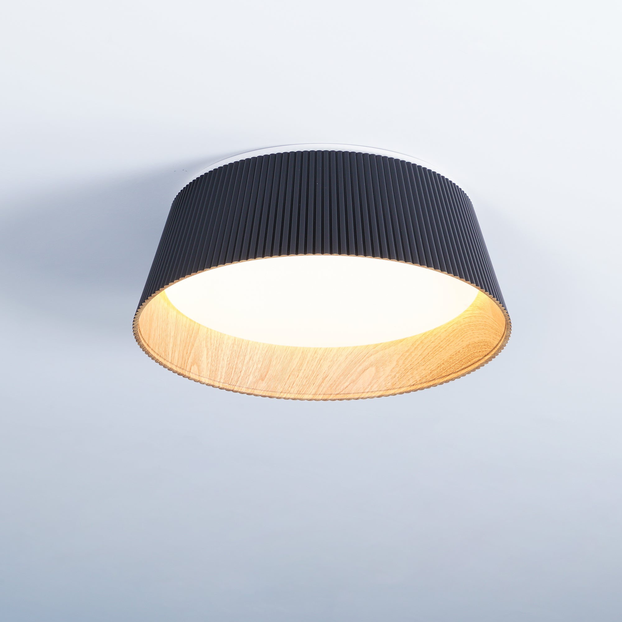 Modern Ribbed LED Flush Mount Ceiling Light with Real Wood Interior Finish