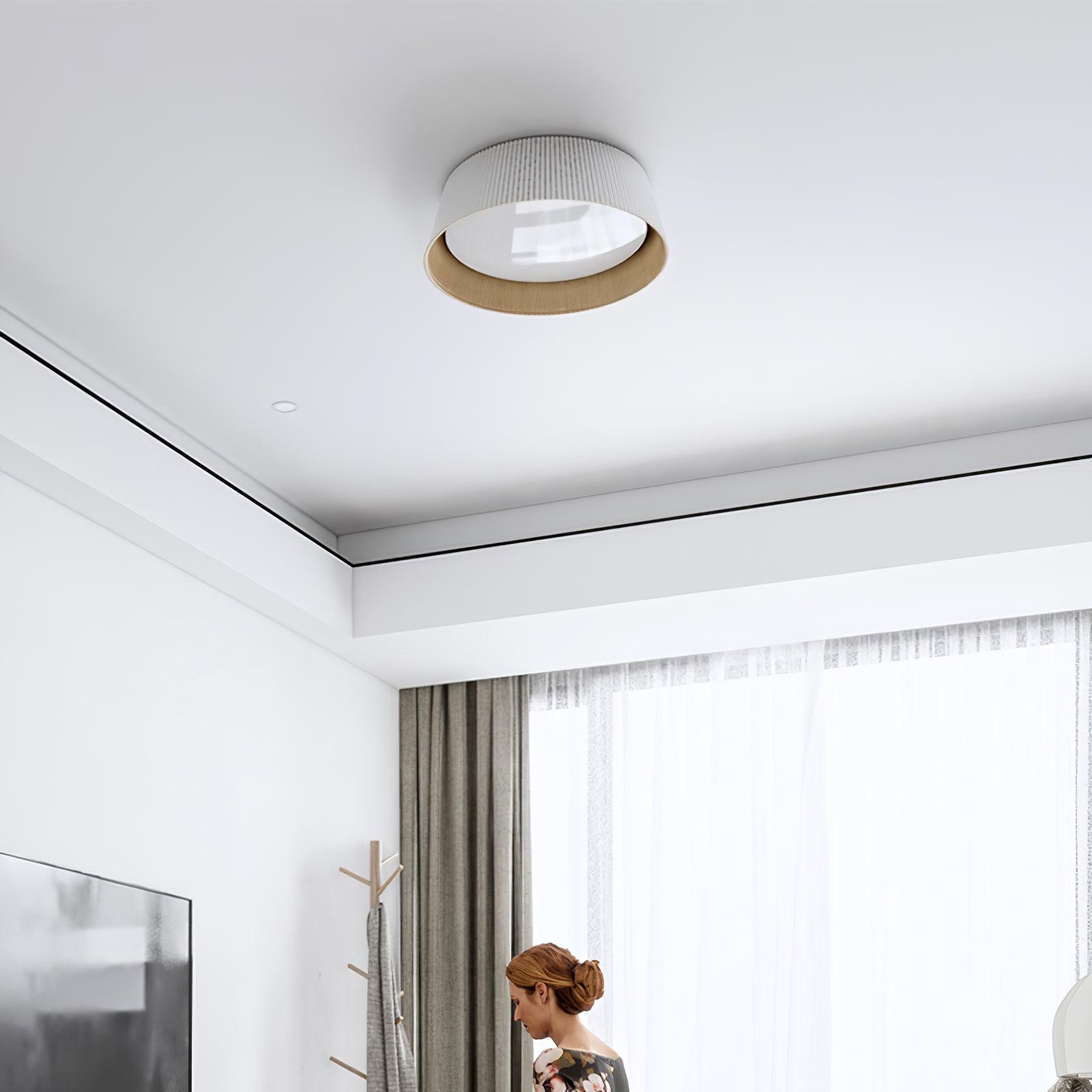 Modern Ribbed LED Flush Mount Ceiling Light with Real Wood Interior Finish