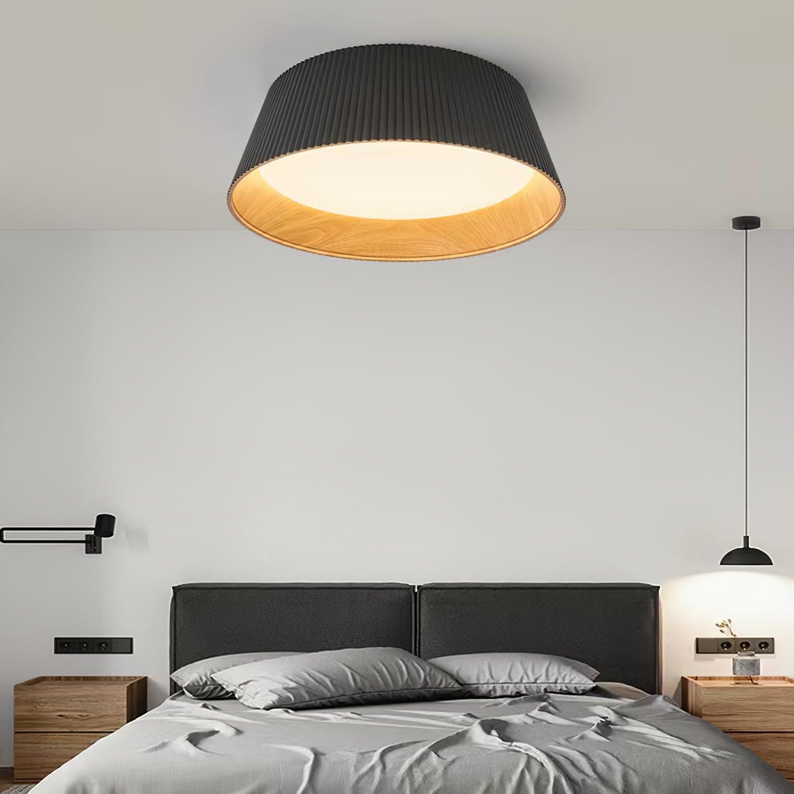 Modern Ribbed LED Flush Mount Ceiling Light with Real Wood Interior Finish