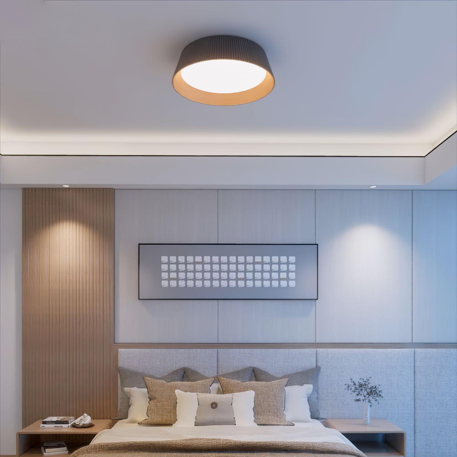 Modern Ribbed LED Flush Mount Ceiling Light with Real Wood Interior Finish