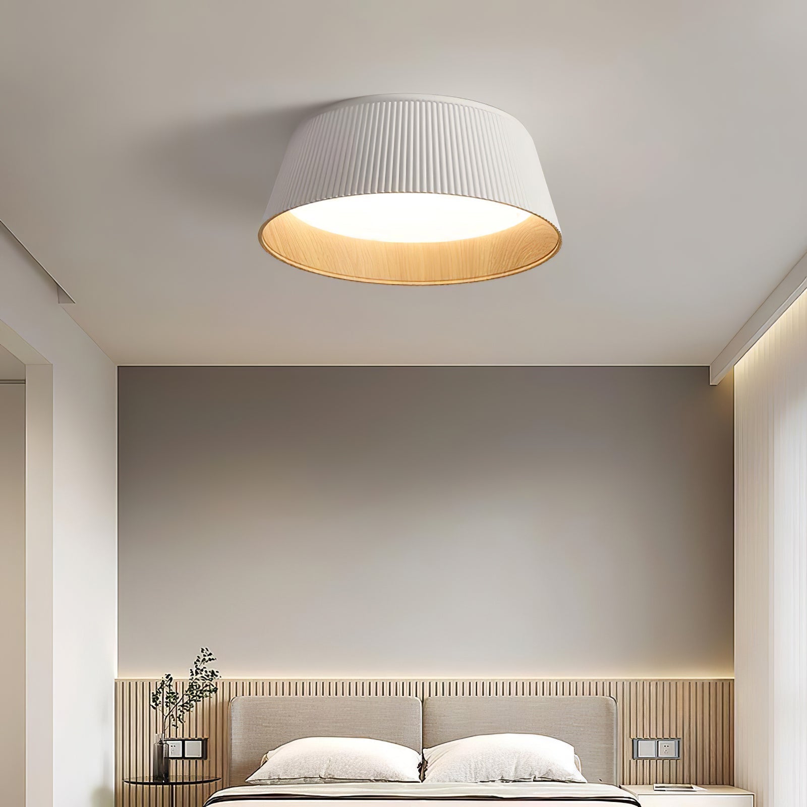 Modern Ribbed LED Flush Mount Ceiling Light with Real Wood Interior Finish
