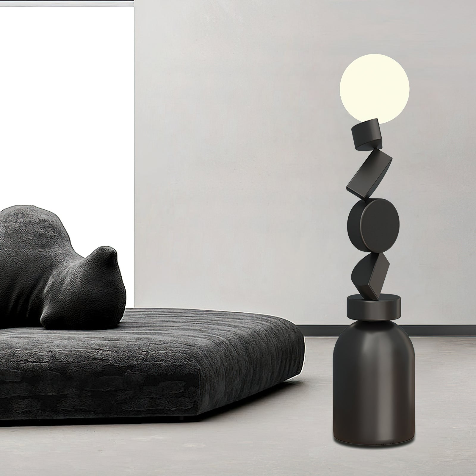 Modern Geometric Monolith Cube LED Floor Lamp with White Acrylic Globe Shading