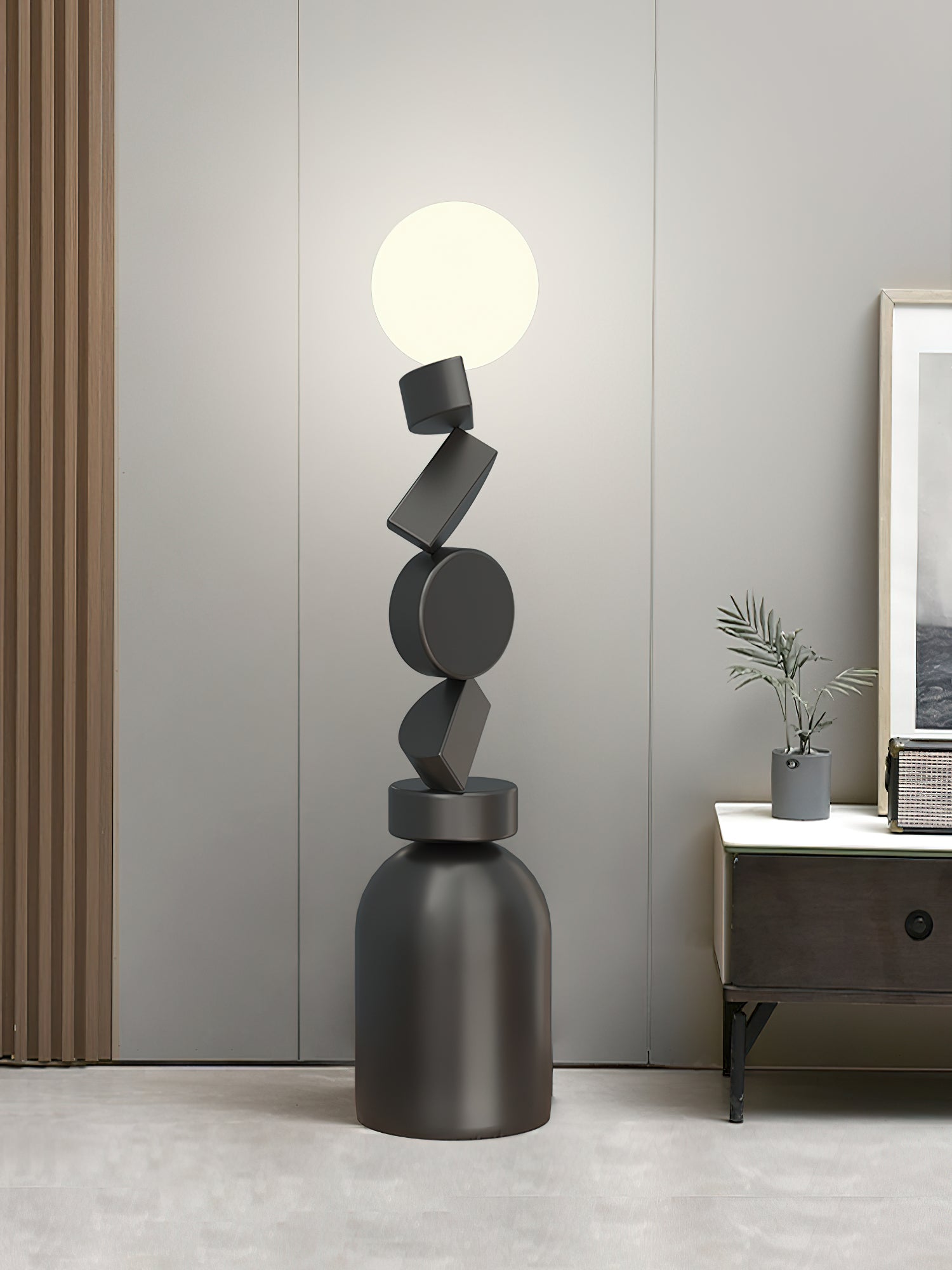 Modern Geometric Monolith Cube LED Floor Lamp with White Acrylic Globe Shading