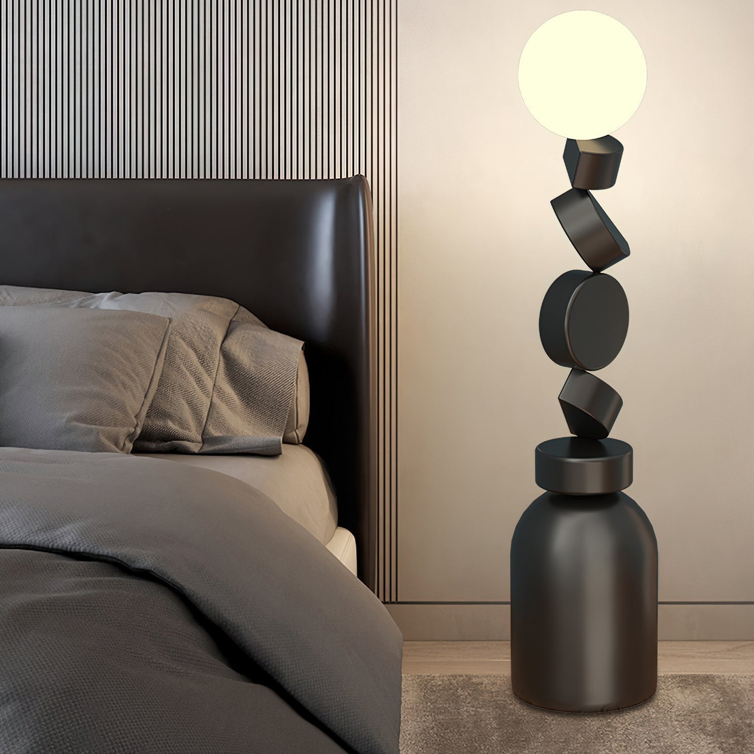 Modern Geometric Monolith Cube LED Floor Lamp with White Acrylic Globe Shading
