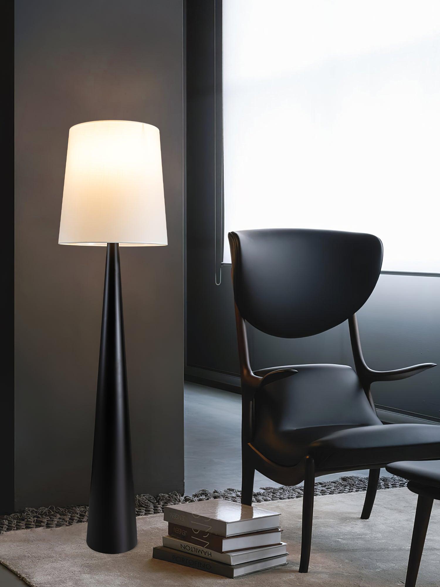 Modern Montenegro Black Iron Standing Floor Lamp with White Fabric Shade