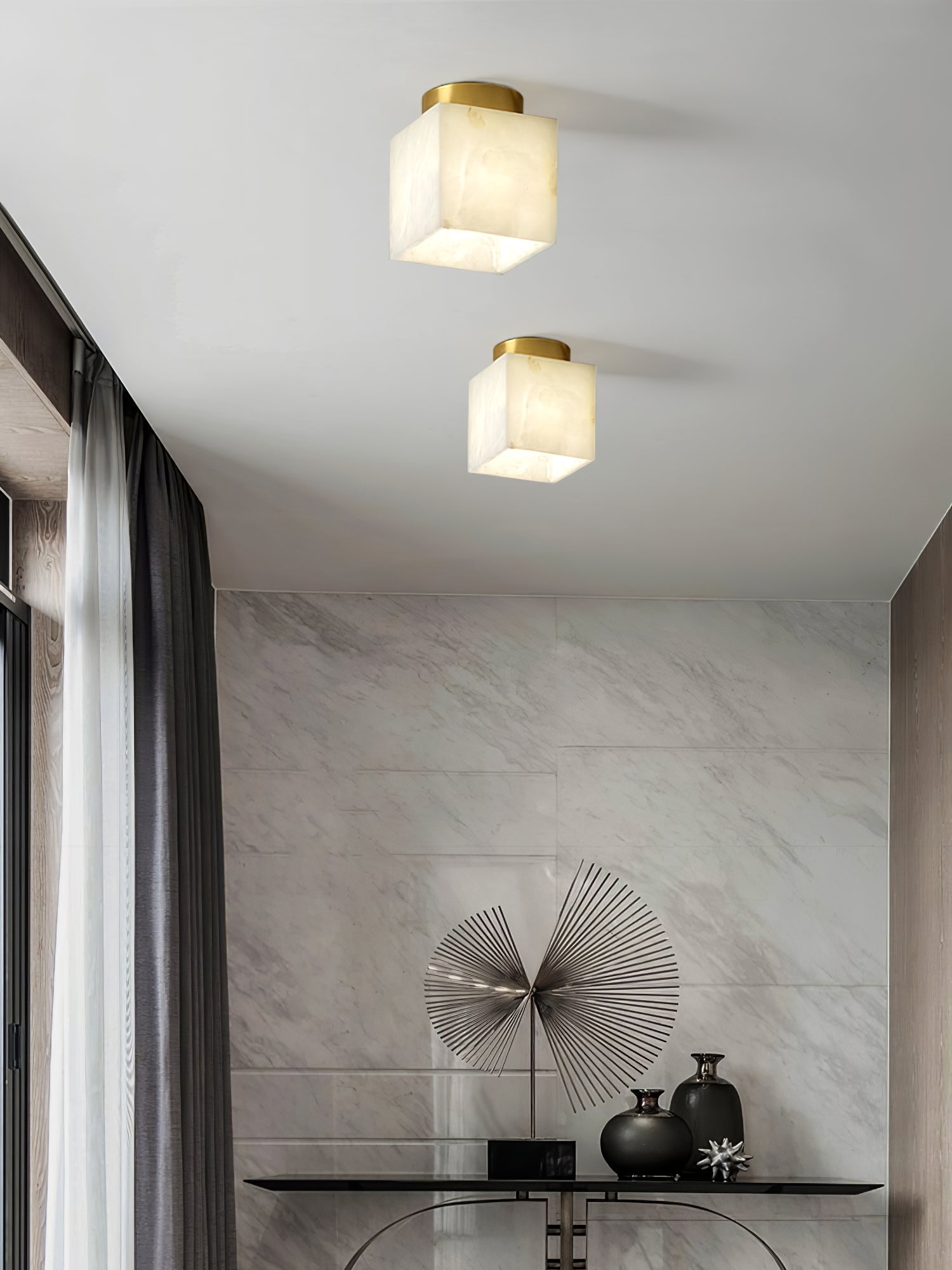Modern Natural Alabaster LED Flush Mount Ceiling Light Brass Globe Lamp for Hallway