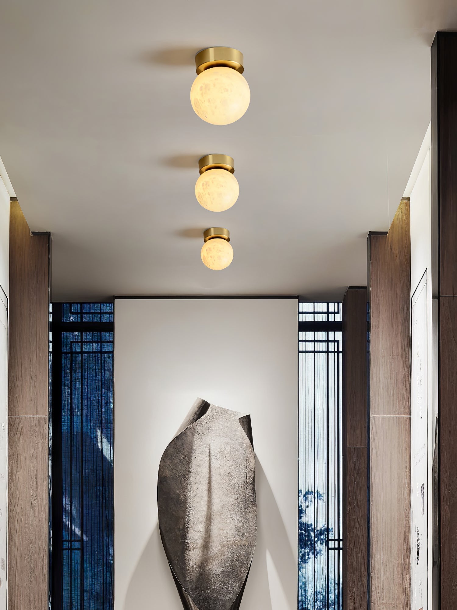 Modern Natural Alabaster LED Flush Mount Ceiling Light Brass Globe Lamp for Hallway