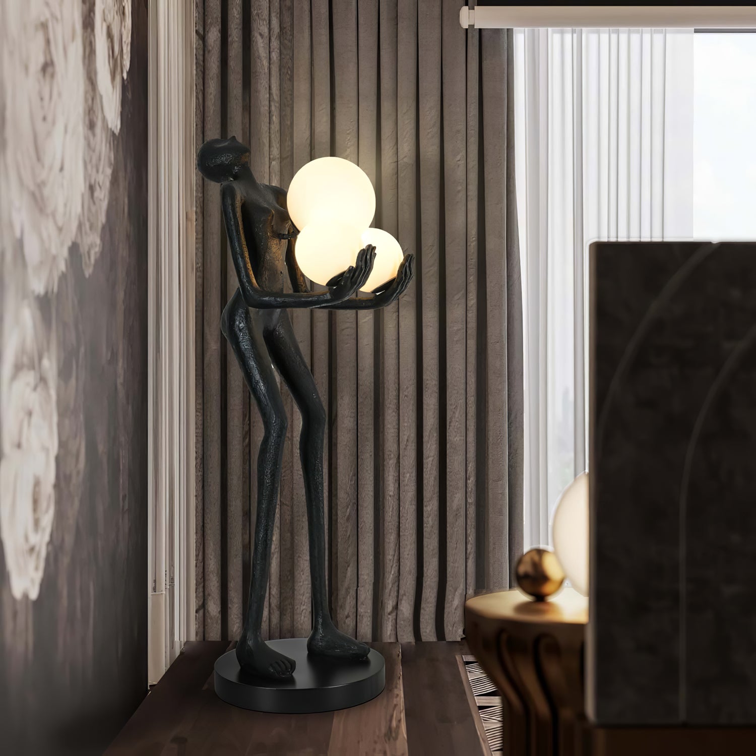 Moonlit Guardian Artistic Sculptural Standing Floor Lamp with Glowing Glass Orbs