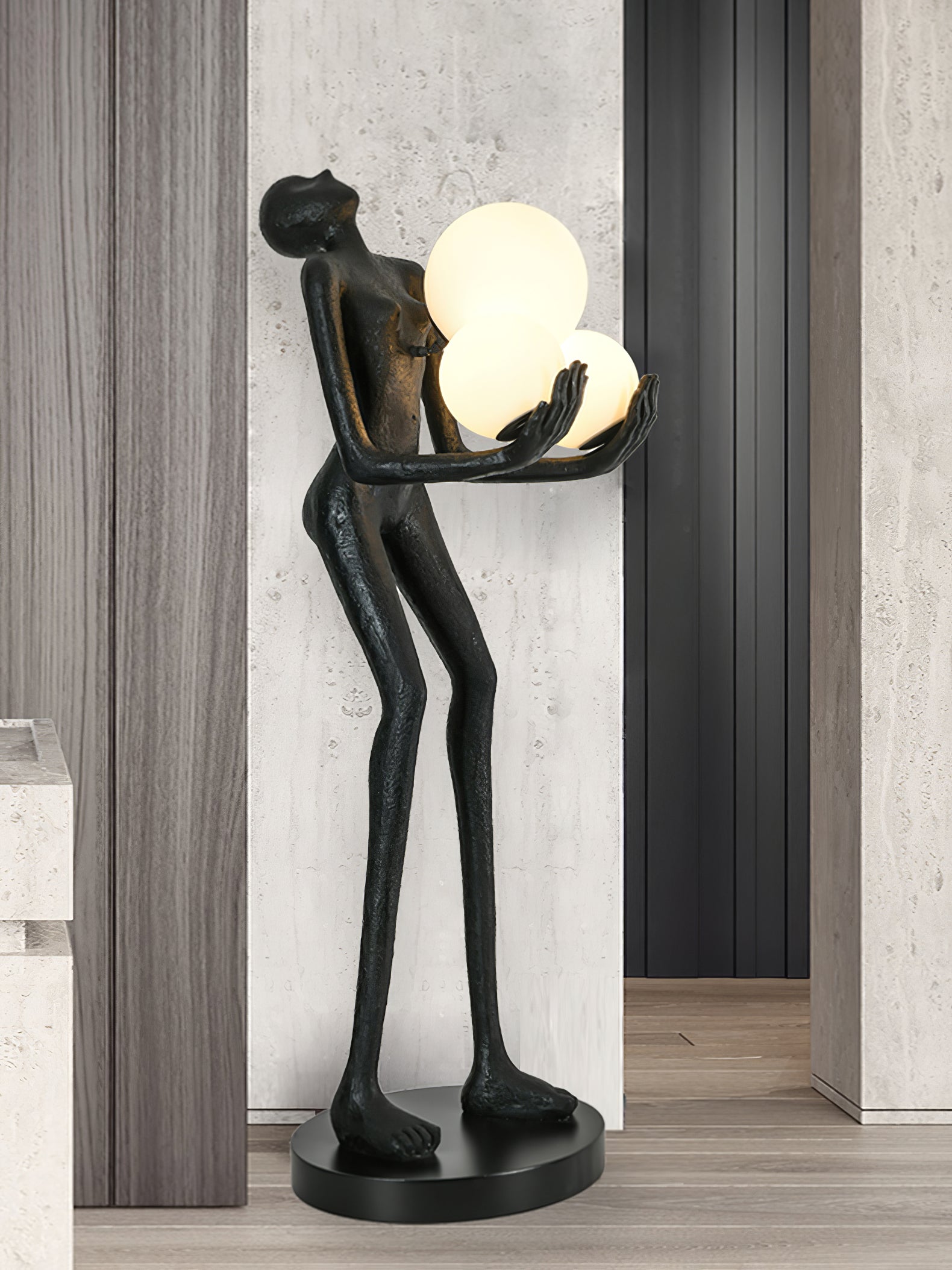 Moonlit Guardian Artistic Sculptural Standing Floor Lamp with Glowing Glass Orbs