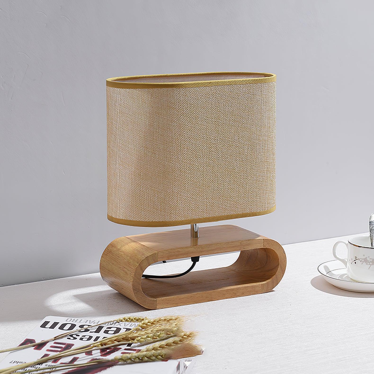 Moti Minimalist Natural Wood Table Lamp with Brown Fabric Shade for Bedside