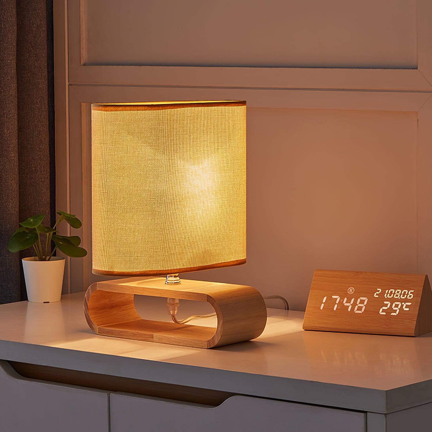 Moti Minimalist Natural Wood Table Lamp with Brown Fabric Shade for Bedside