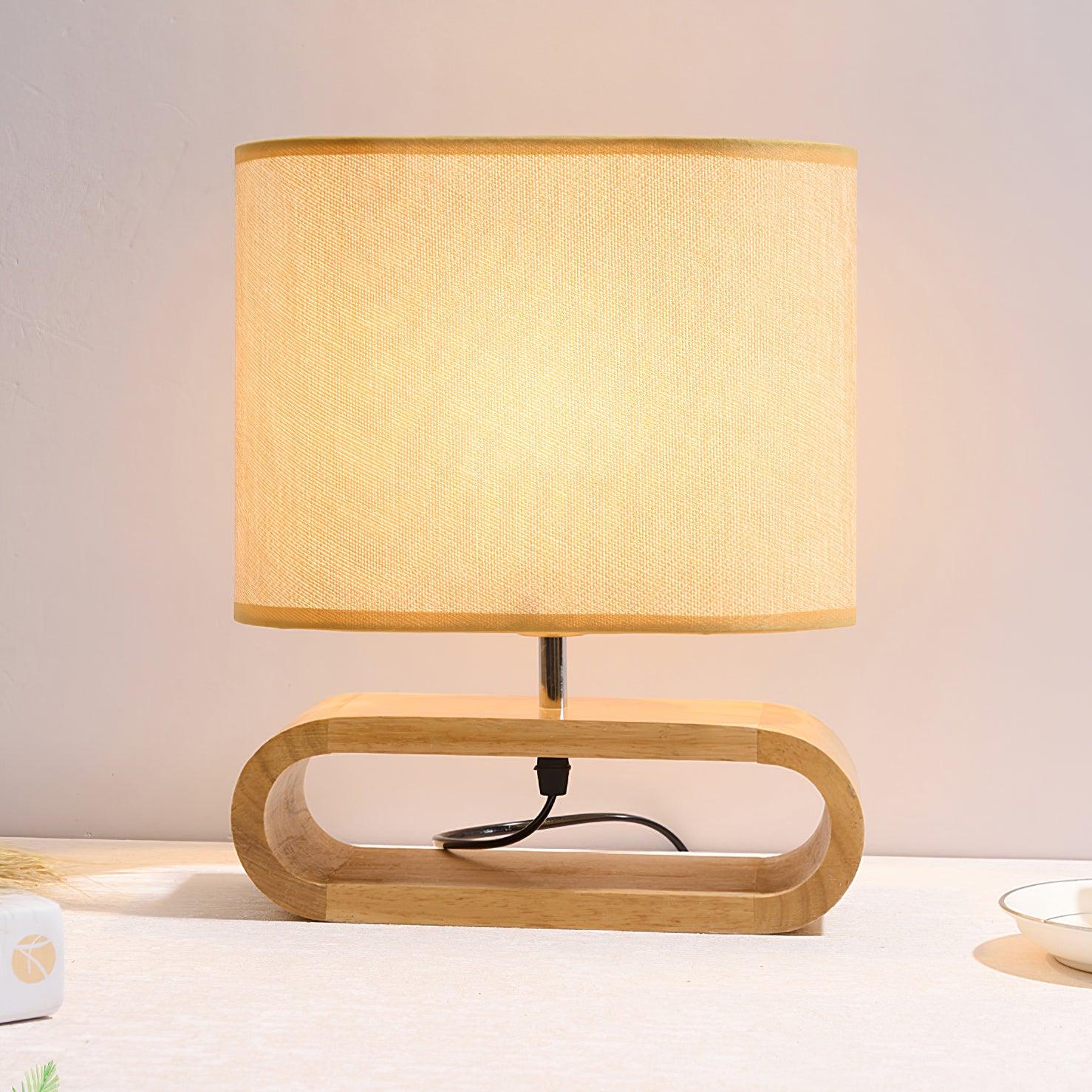 Moti Minimalist Natural Wood Table Lamp with Brown Fabric Shade for Bedside